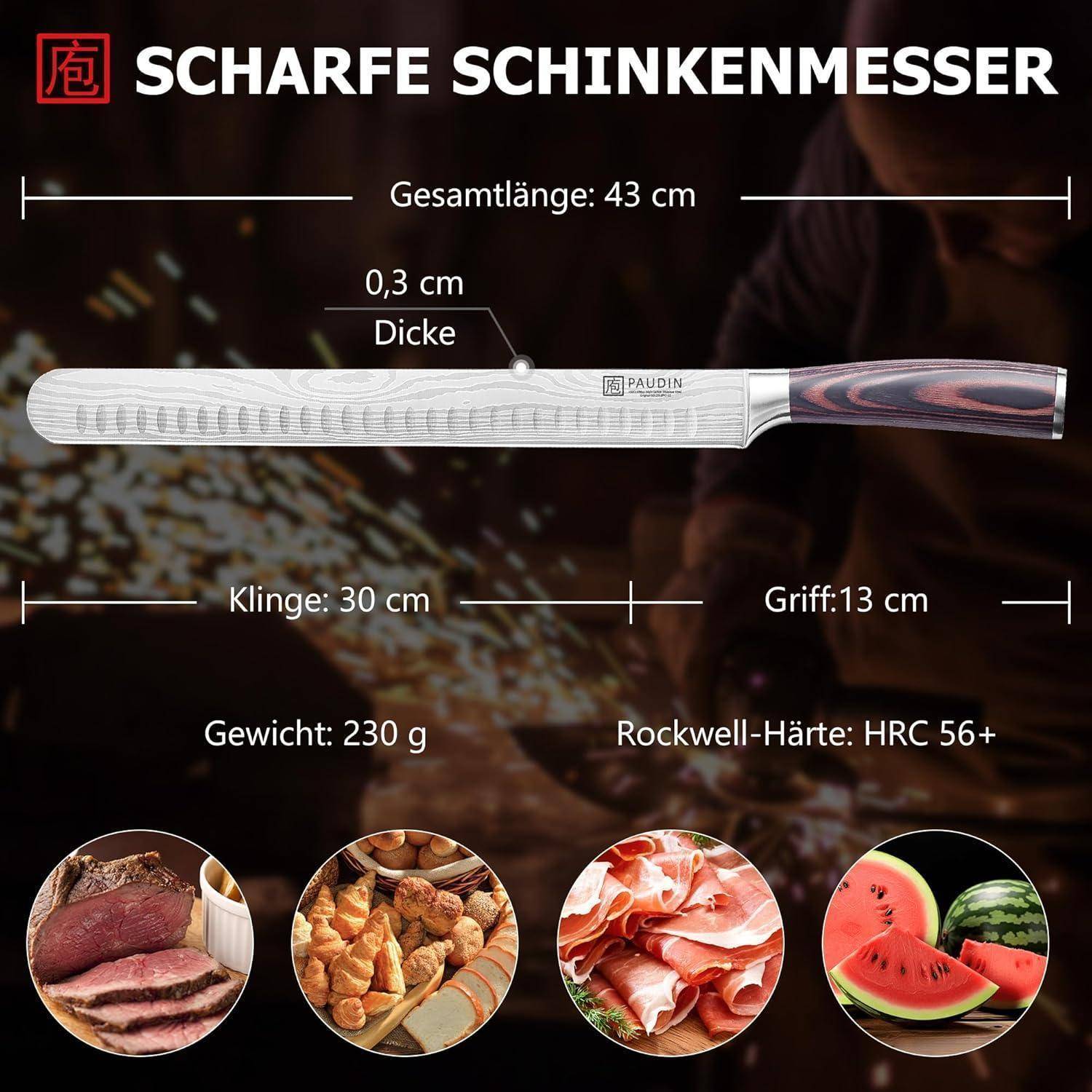 Schinkenmesser Tranchiermesser 30cm Edelstahl Lachsmesser Pakkaholz