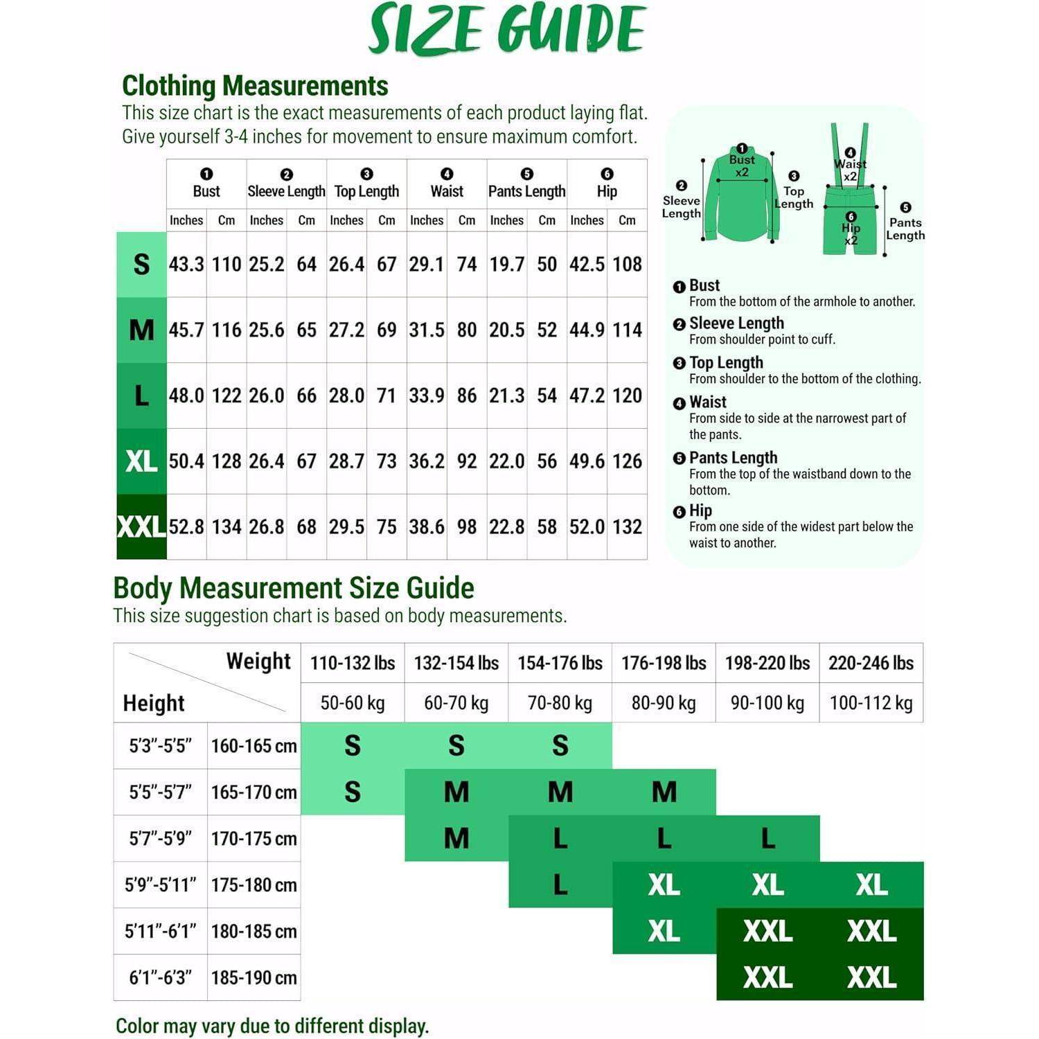 Größenführer: Diagramm mit Bekleidungsmaßen in Zoll für Größen S bis XXXL, einschließlich Brustumfang, Länge, Schulterbreite, Ärmellänge und Oberlänge. Ein Körpermaßen-Größenführer ordnet Größen anhand von Körpergröße und Gewicht zu.