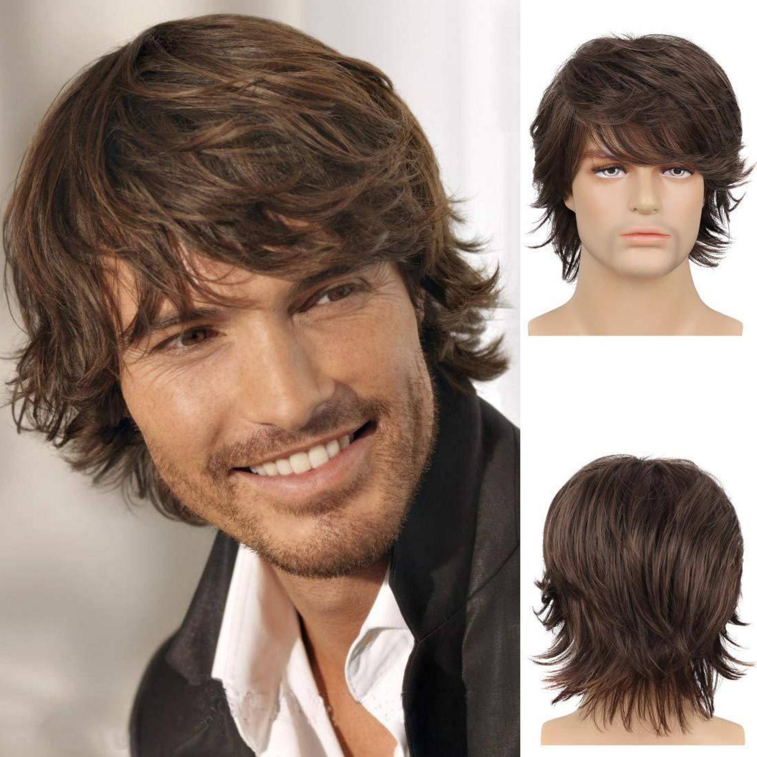 Perücke Herren Braun Kurz Haare Layered Wave mit Pony Synthetische
