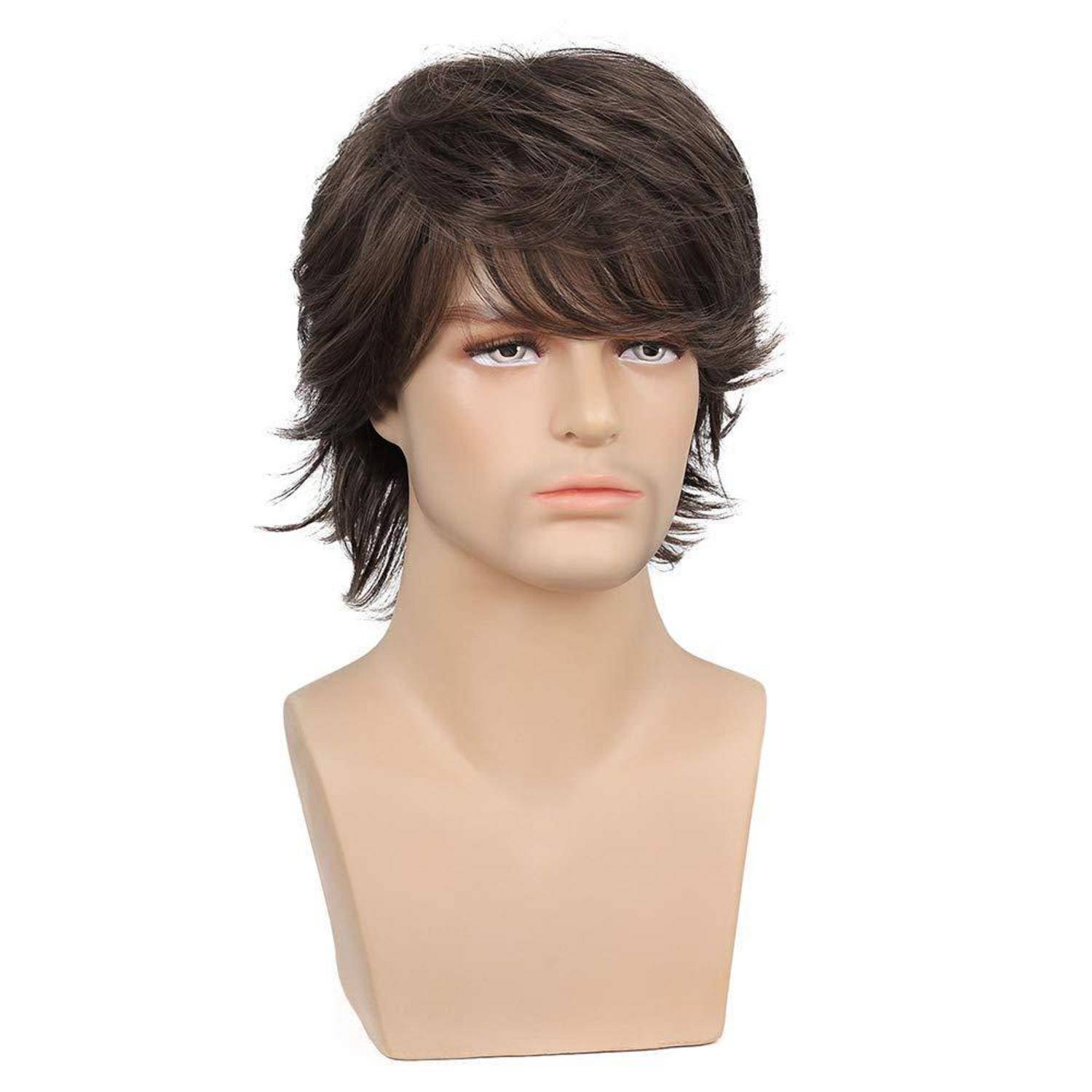 Perücke Herren Braun Kurz Haare Layered Wave mit Pony Synthetische