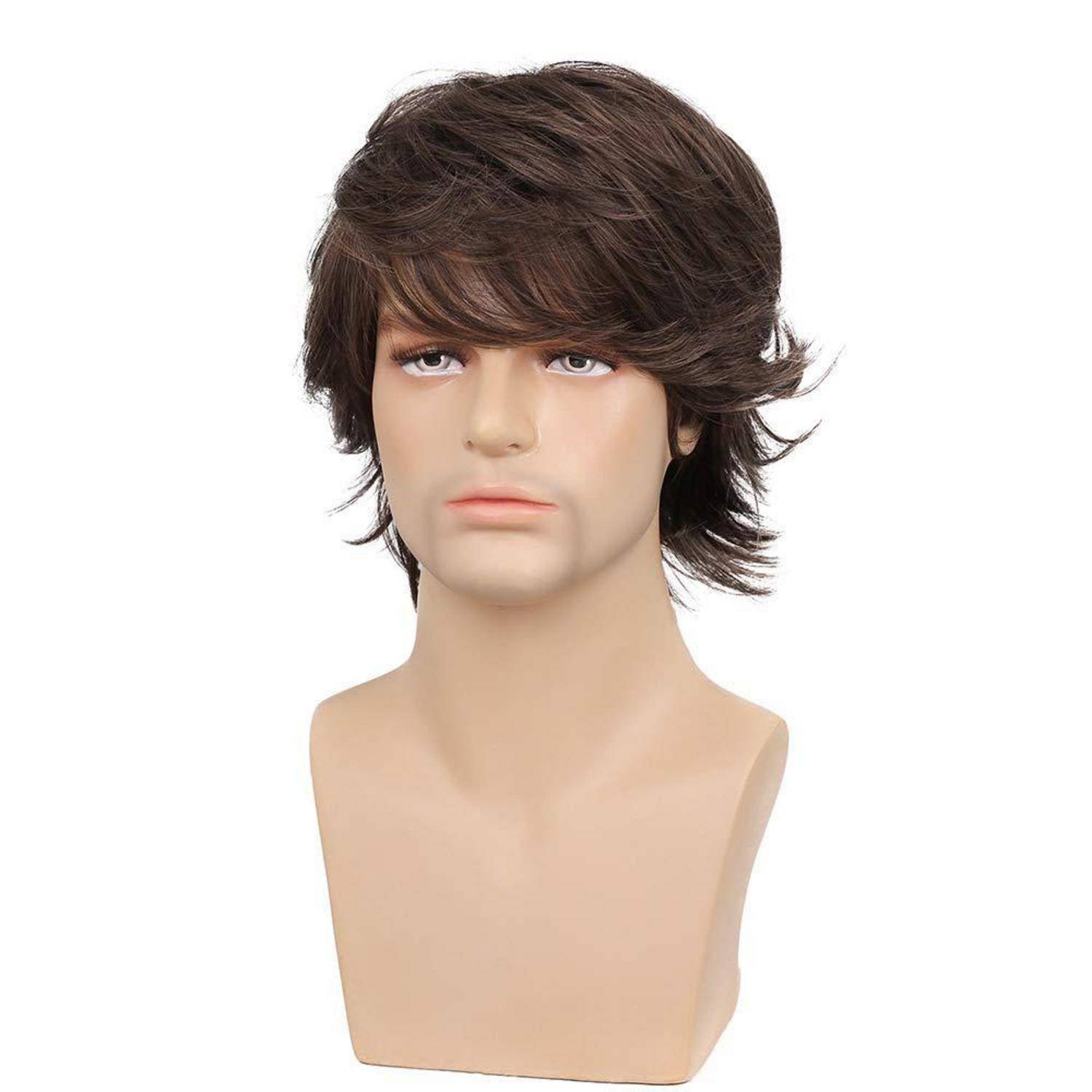 Perücke Herren Braun Kurz Haare Layered Wave mit Pony Synthetische