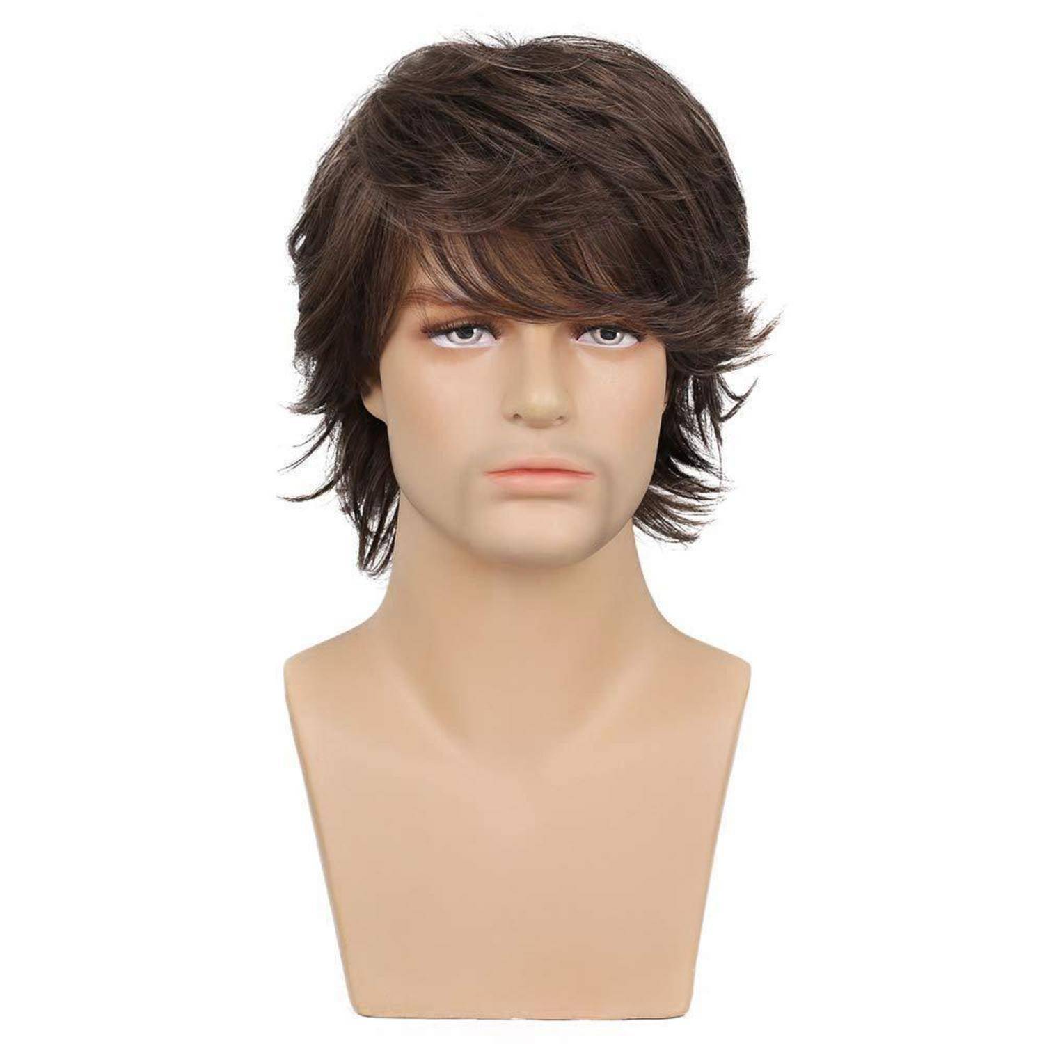 Perücke Herren Braun Kurz Haare Layered Wave mit Pony Synthetische