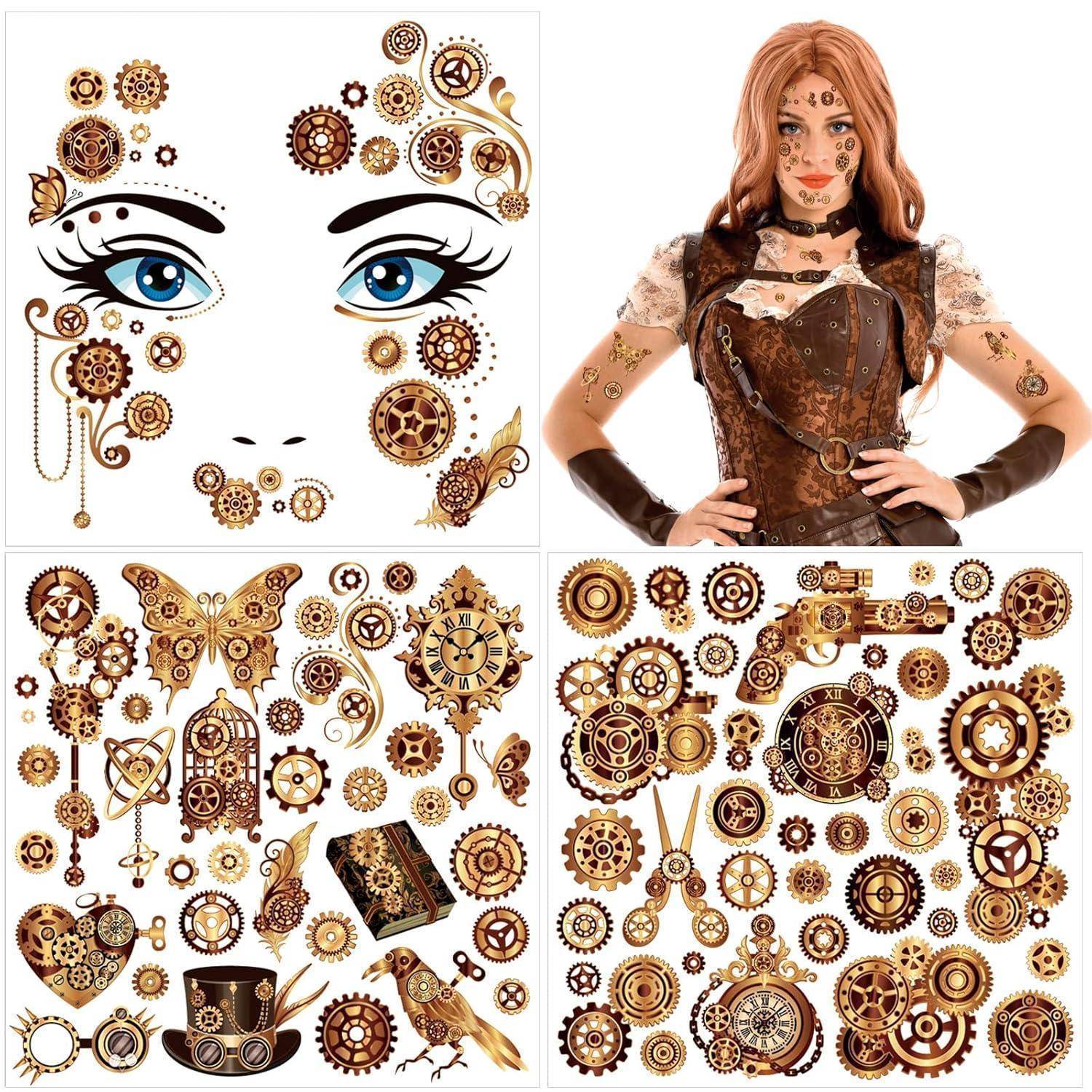 Steampunk Temporäre Tattoos Zahnräder Gesichtsstattoo Karneval