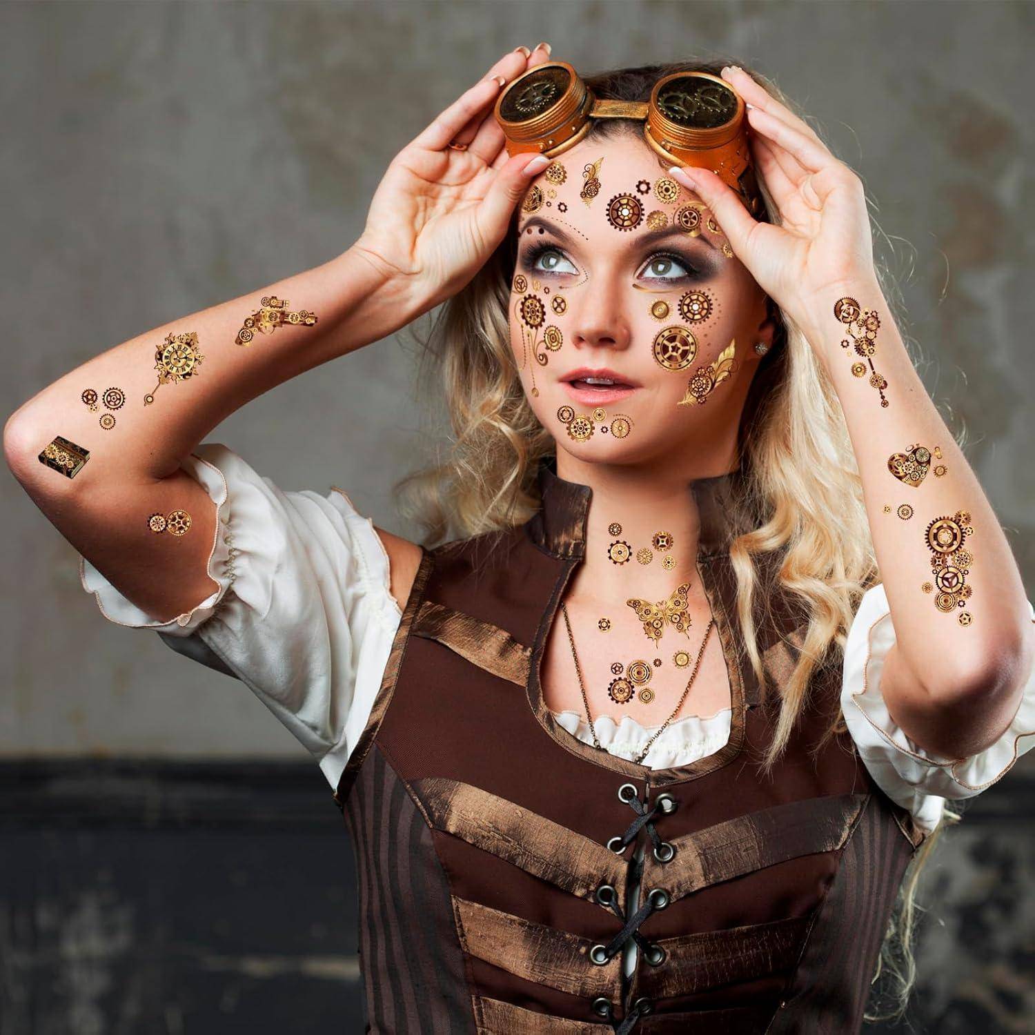 Steampunk Temporäre Tattoos Zahnräder Gesichtsstattoo Karneval