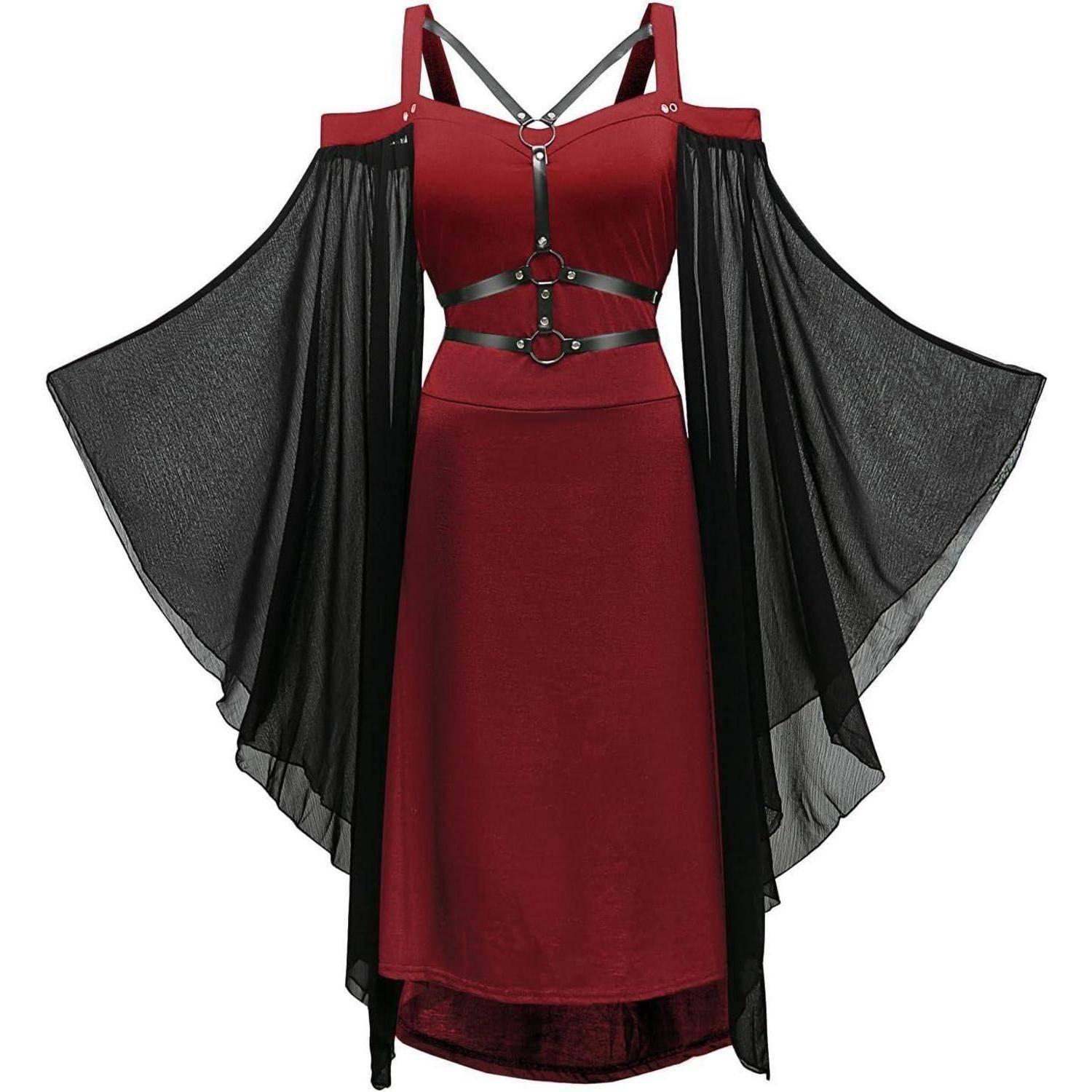 Ein rotes ärmelloses Kleid mit schwarzen durchsichtigen Flügeln, das ein Trägerdesign mit Knöpfen und einen High-Low-Saum aufweist.