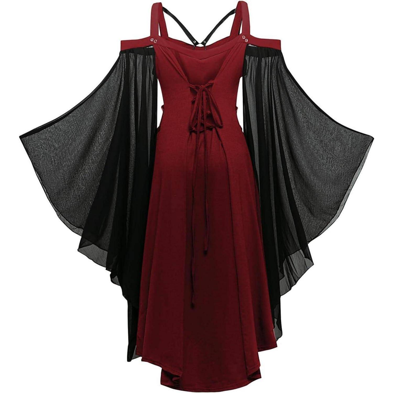 Ein marineblau-rotes Kleid mit schwarzen durchsichtigen, umhangähnlichen Ärmeln und einem Korsett-Ausschnitt zum Schnüren. Der Stil ist dramatisch und für festliche Anlässe geeignet.
