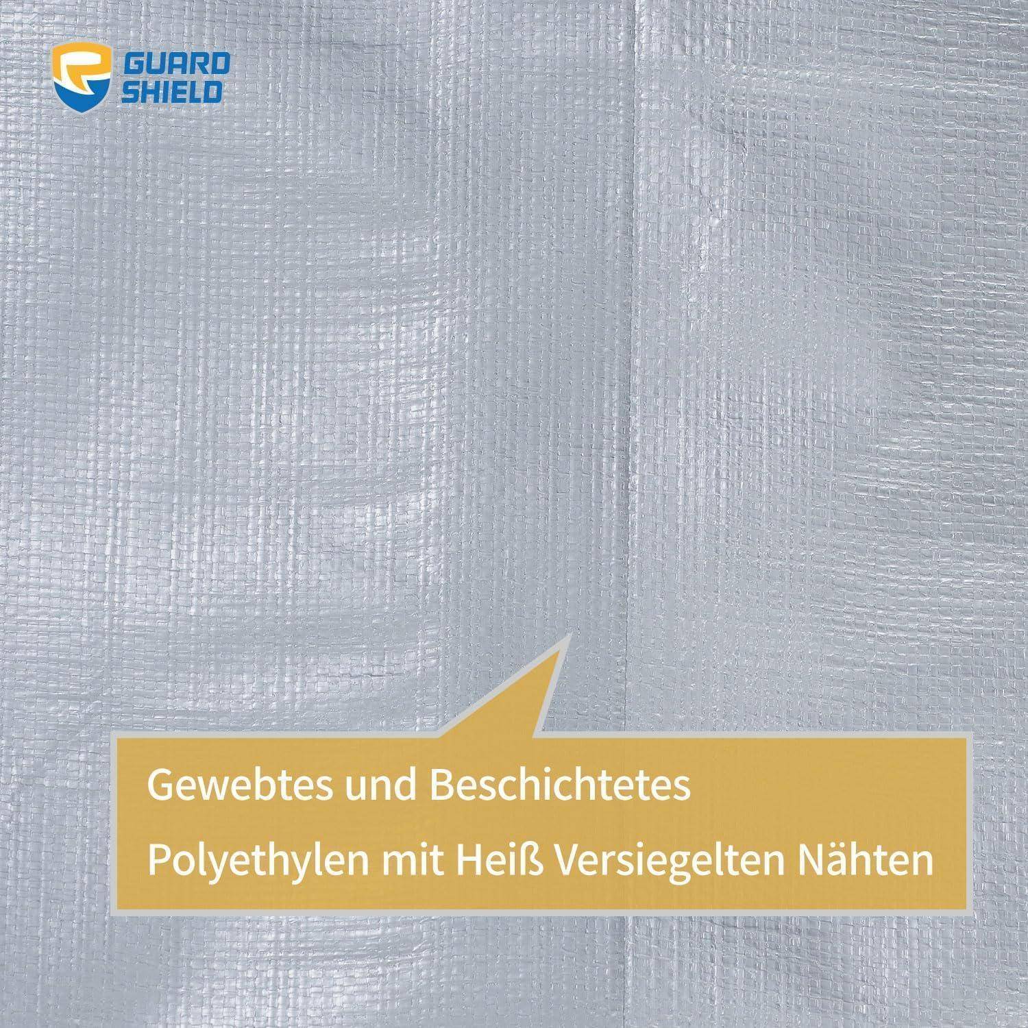 Silber gewebte Polyethylen-Plane mit Logo 'Guard Shield' in der oberen linken Ecke. Text auf Deutsch liest sich: 'Gewebt und beschichtet aus Polyethylen mit wärmeversiegelten Nähten'.