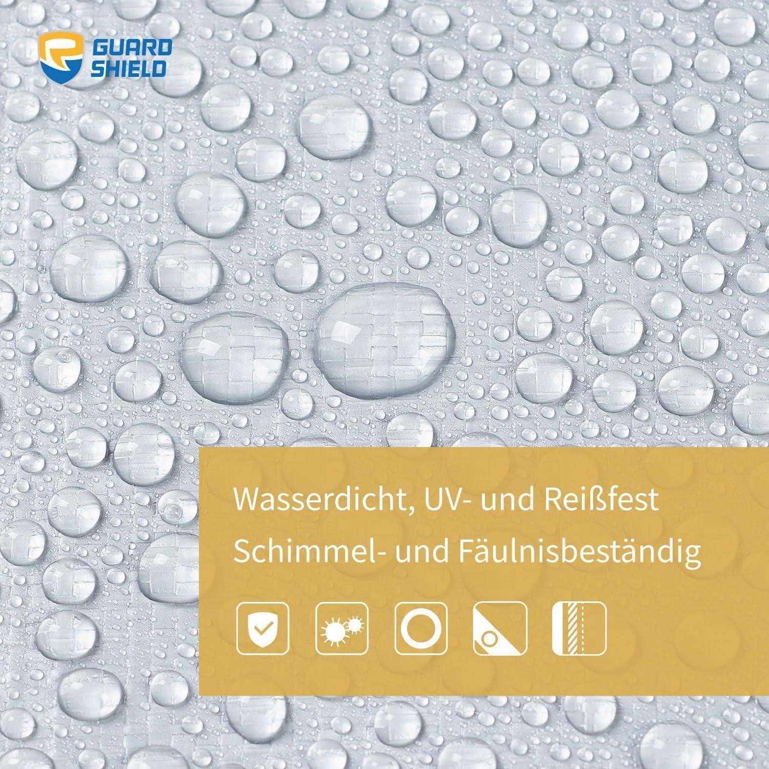 Wassertropfen auf einer wasserfesten Oberfläche mit dem Text 'Wasserdicht, UV- und reißfest, Schimmel- und fäulnisbeständig' neben Symbolen.
