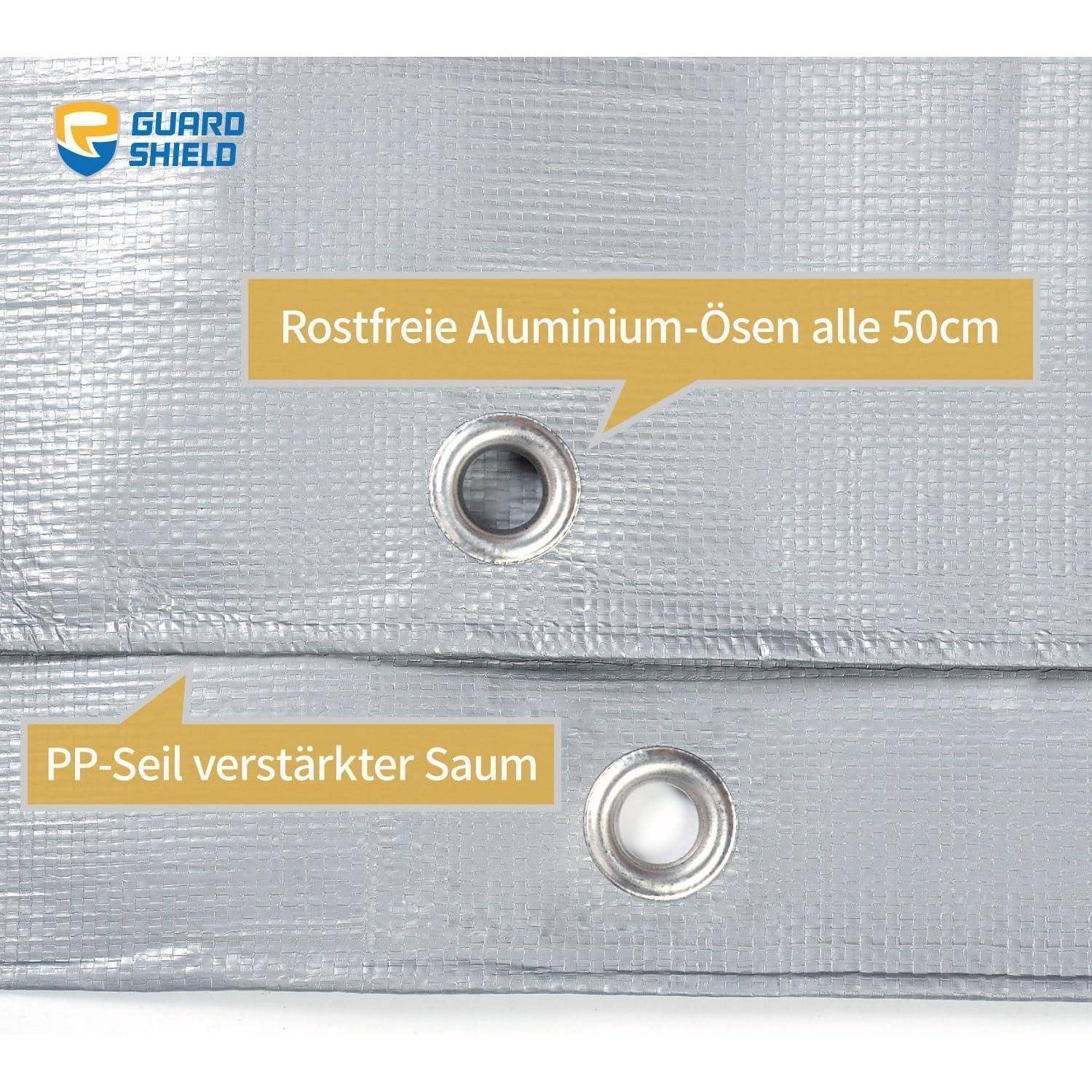 Eine Nahaufnahme einer Plane, die alle 50 cm rostfreie Aluminium-Ösen und einen verstärkten Saum mit PP-Seil zeigt, markiert mit der Marke „Guard Shield