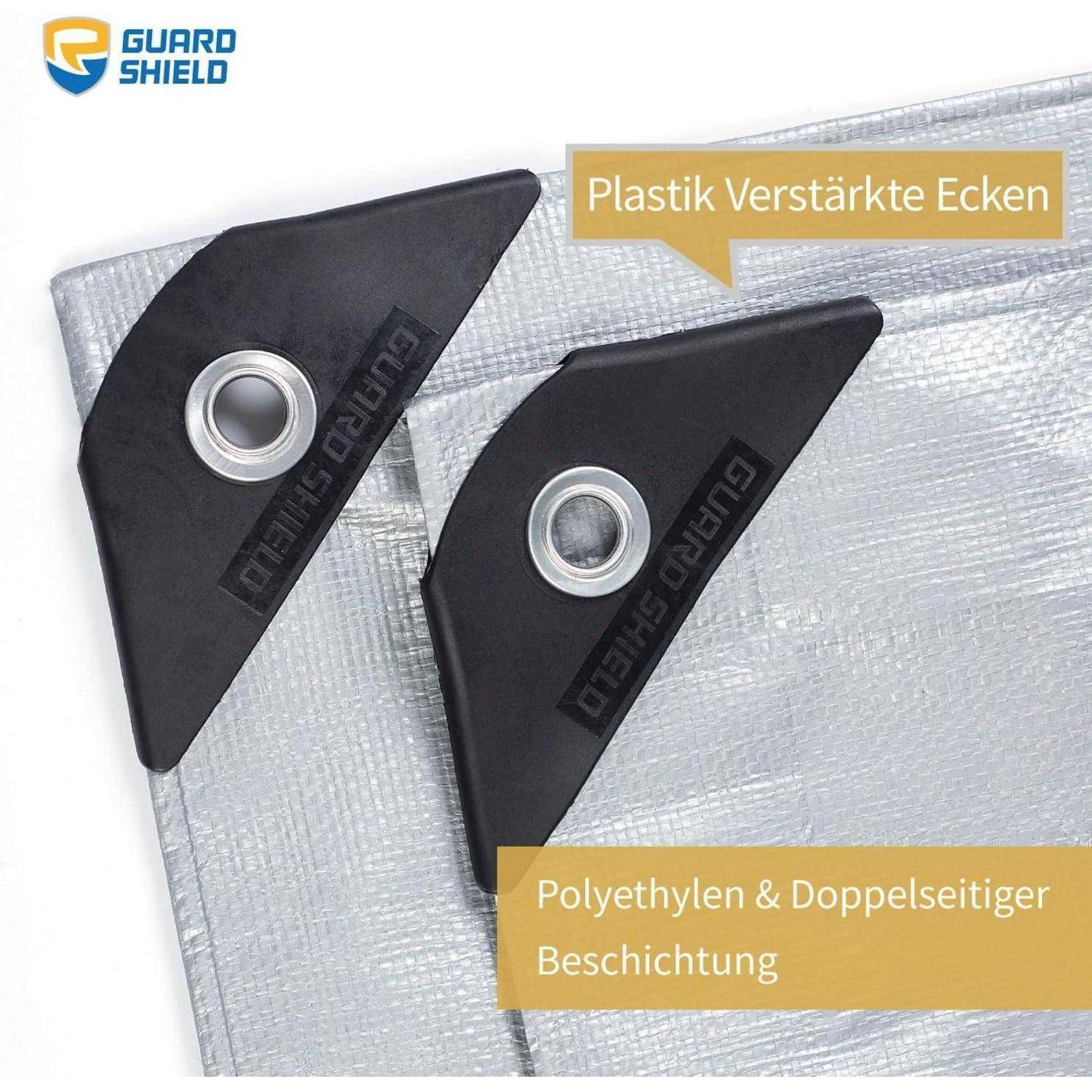 Eine graue Plane mit verstärkten Plastikecken und Metallösen. Text liest sich: 'Plastik Verstärkte Ecken' und 'Polyethylen & Doppelseitiger Beschichtung.