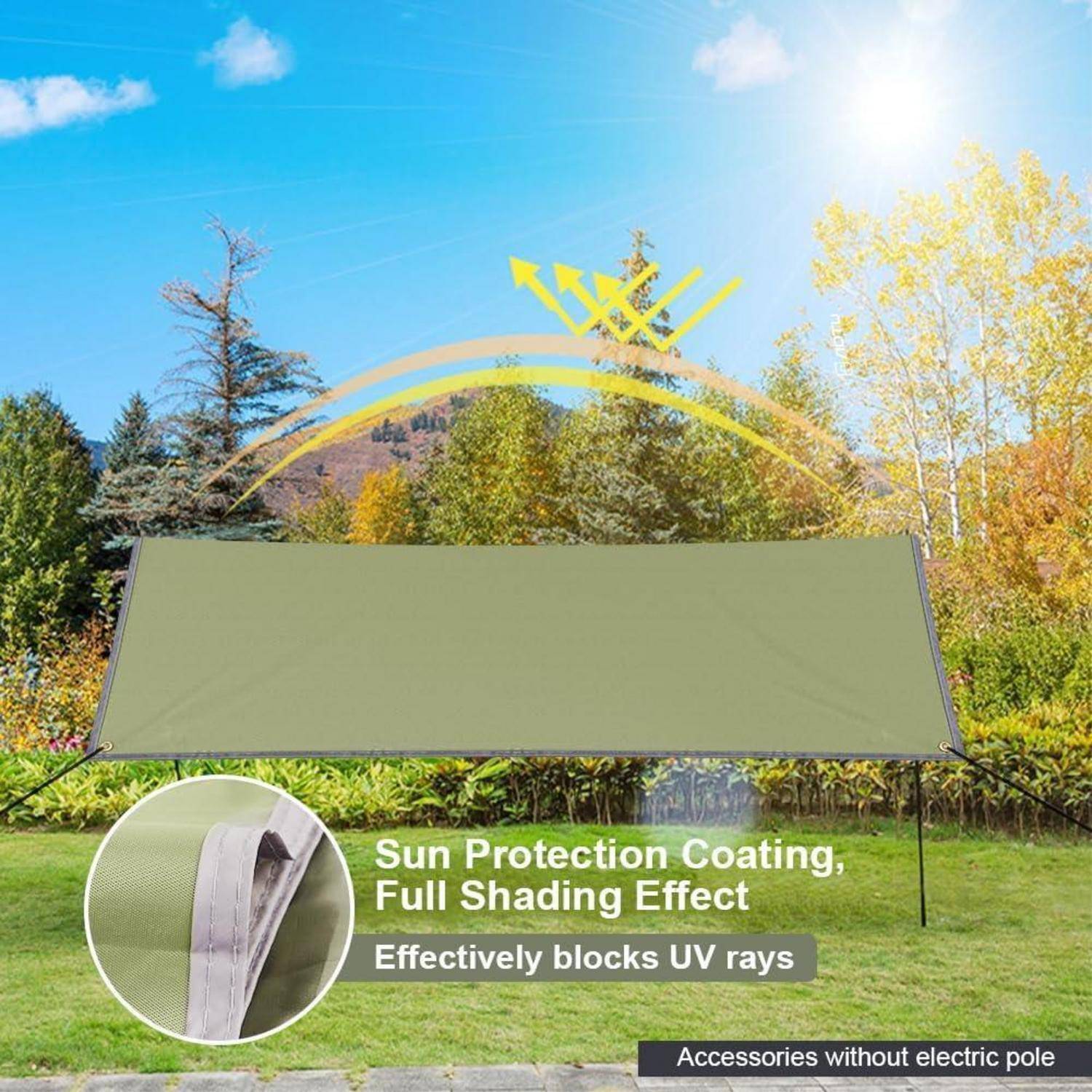 Ein Sonnenschirm mit dem Text 'Sonnenschutz-Beschichtung, Vollständiger Verschattungseffekt' in einer Parklandschaft, der die Vorteile des UV-Strahlenschutzes hervorhebt.