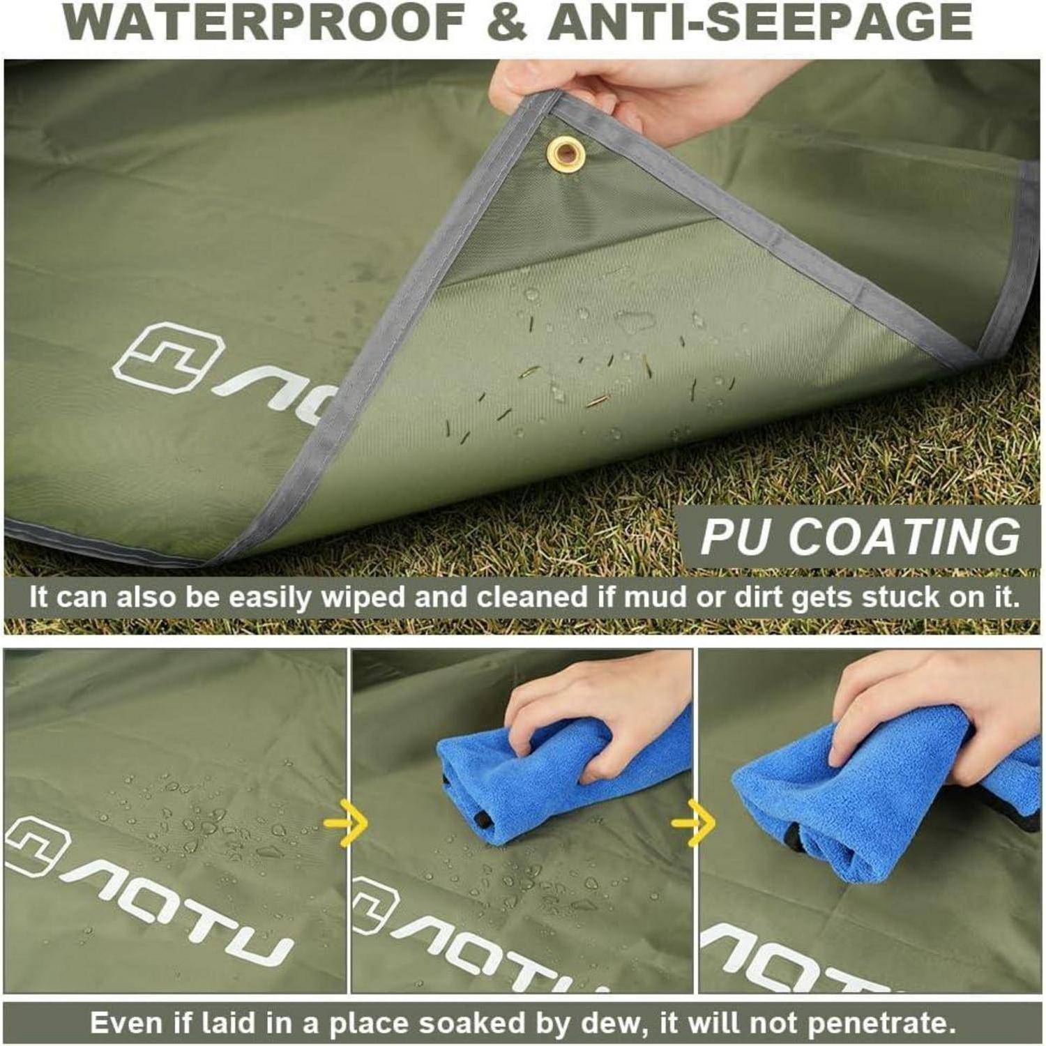 Wasserdichte & Dichtungsabweisende Matte mit PU-Beschichtung, leicht zu reinigen. Bilder zeigen Wassertropfen auf der Matte und einfache Reinigung mit einem blauen Tuch.