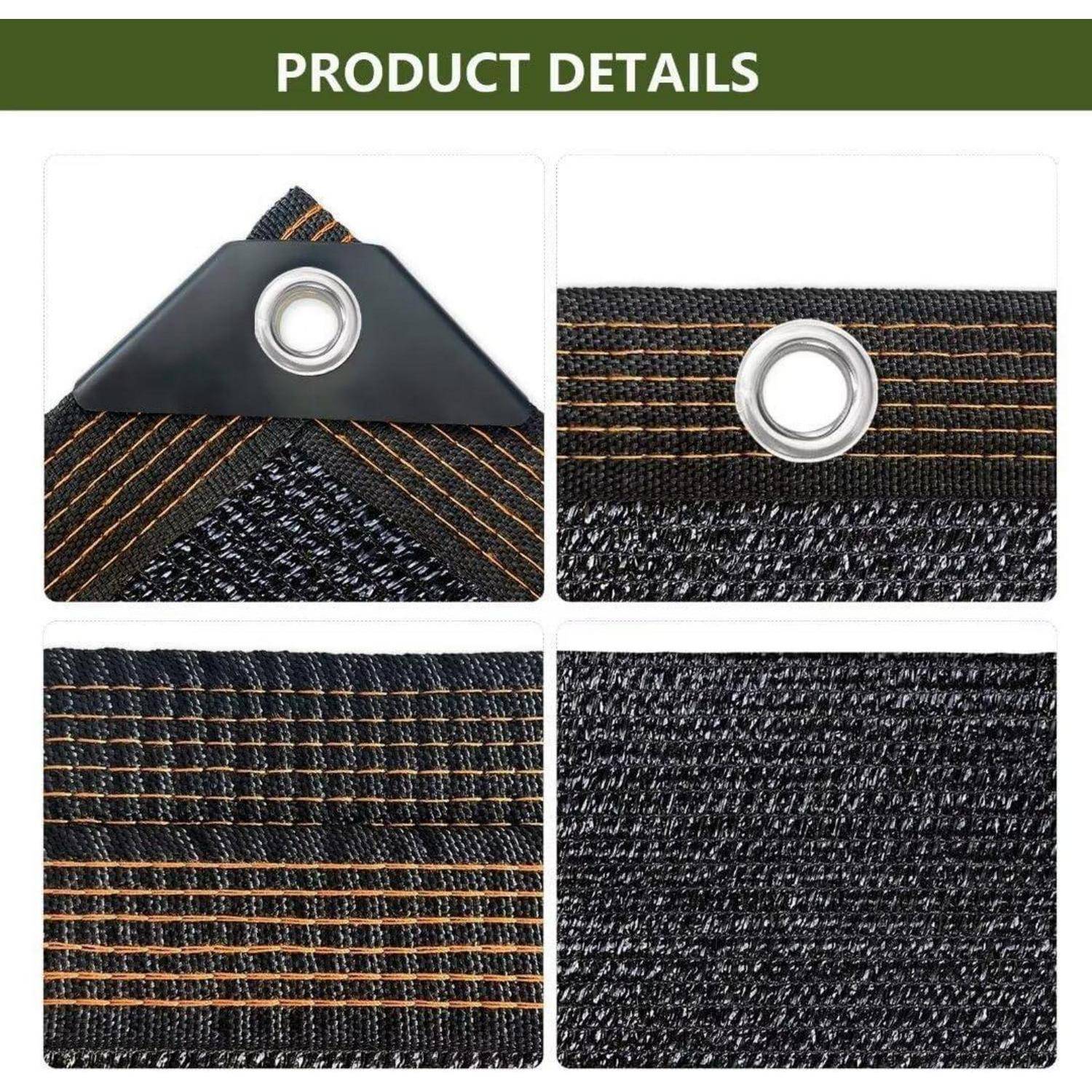 Produktdetails mit einer Nahaufnahme einer schwarzen Außen-Mesh-Plane mit verstärkten Ecken und Metalltüllen für Festigkeit und Langlebigkeit.