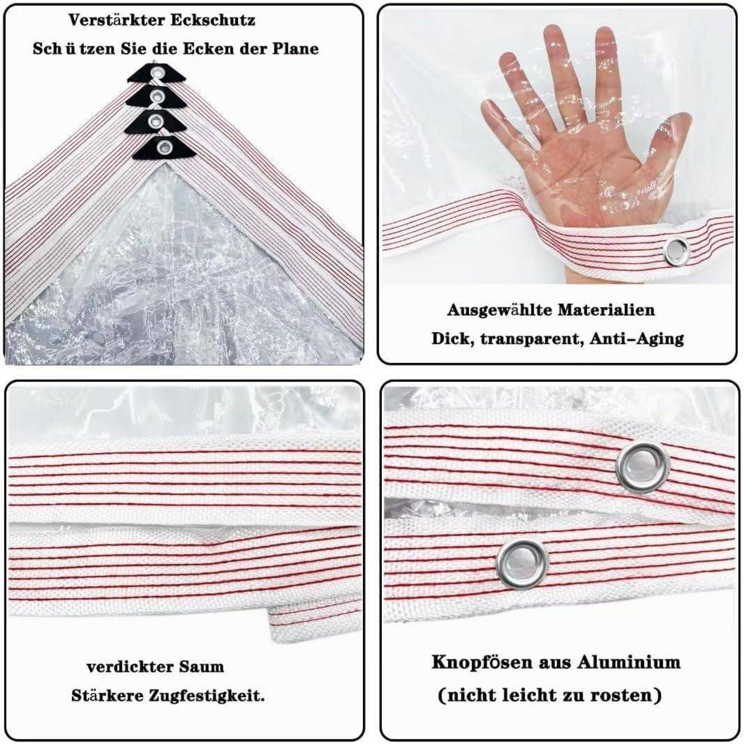 Vierteilige Bilddarstellung mit verbesserten Planemerkmalen: verstärkte Ecken mit Ösen, dickes transparentes alterungsbeständiges Material, starke Einfassung und rostfreie Aluminium-Ösen.