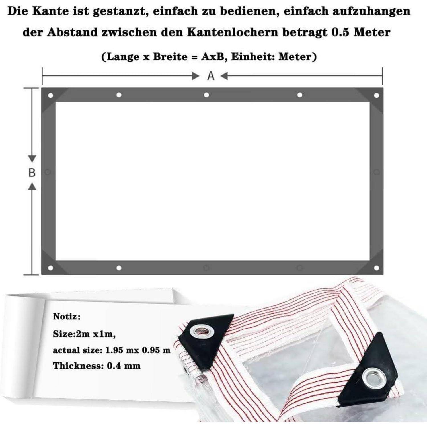 Rechteckhalterung mit Beschriftung 'A' und 'B' zum Aufhängen, mit Diagrammmaßen. Hinweis: Größe 2m x 1m, tatsächliche Größe 1,95m x 0,95m.