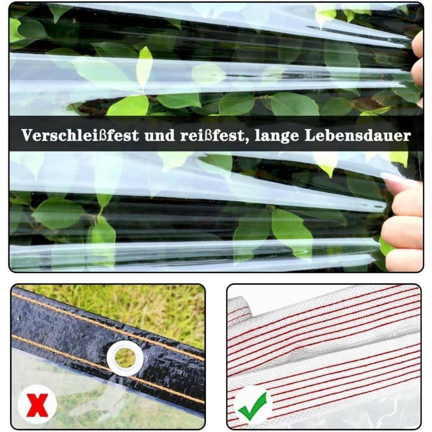 Transparente Kunststofffolie über grünen Blättern, beschriftet mit 'Verschleißfest und reißfest, lange Lebensdauer.' Darunter zwei kleine Bilder mit Nahaufnahmen verschiedener Materialien, versehen mit einem roten 'X' und einem grünen Häkchen.