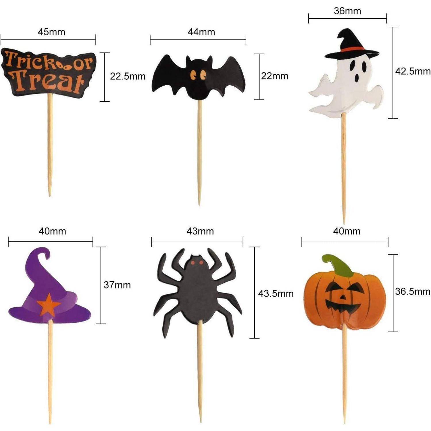 Halloween-Tortenaufsätze mit einem 'Trick or Treat'-Schild, Fledermaus, Geist, Hexenhut, Spinne und Kürbis mit Maßangaben.