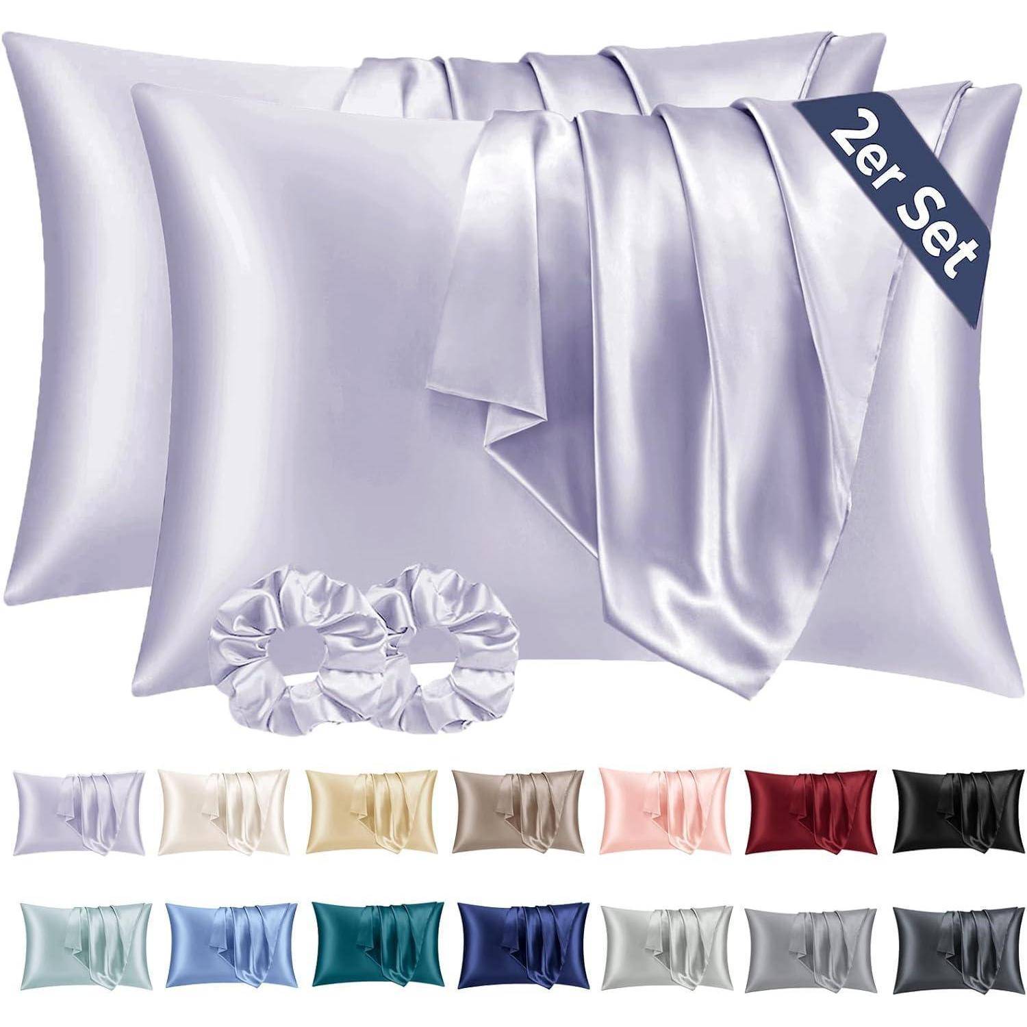 Kissenbezug Satin 2er Set Seide 2 Haargummis Haar Haut Lila 50x80cm