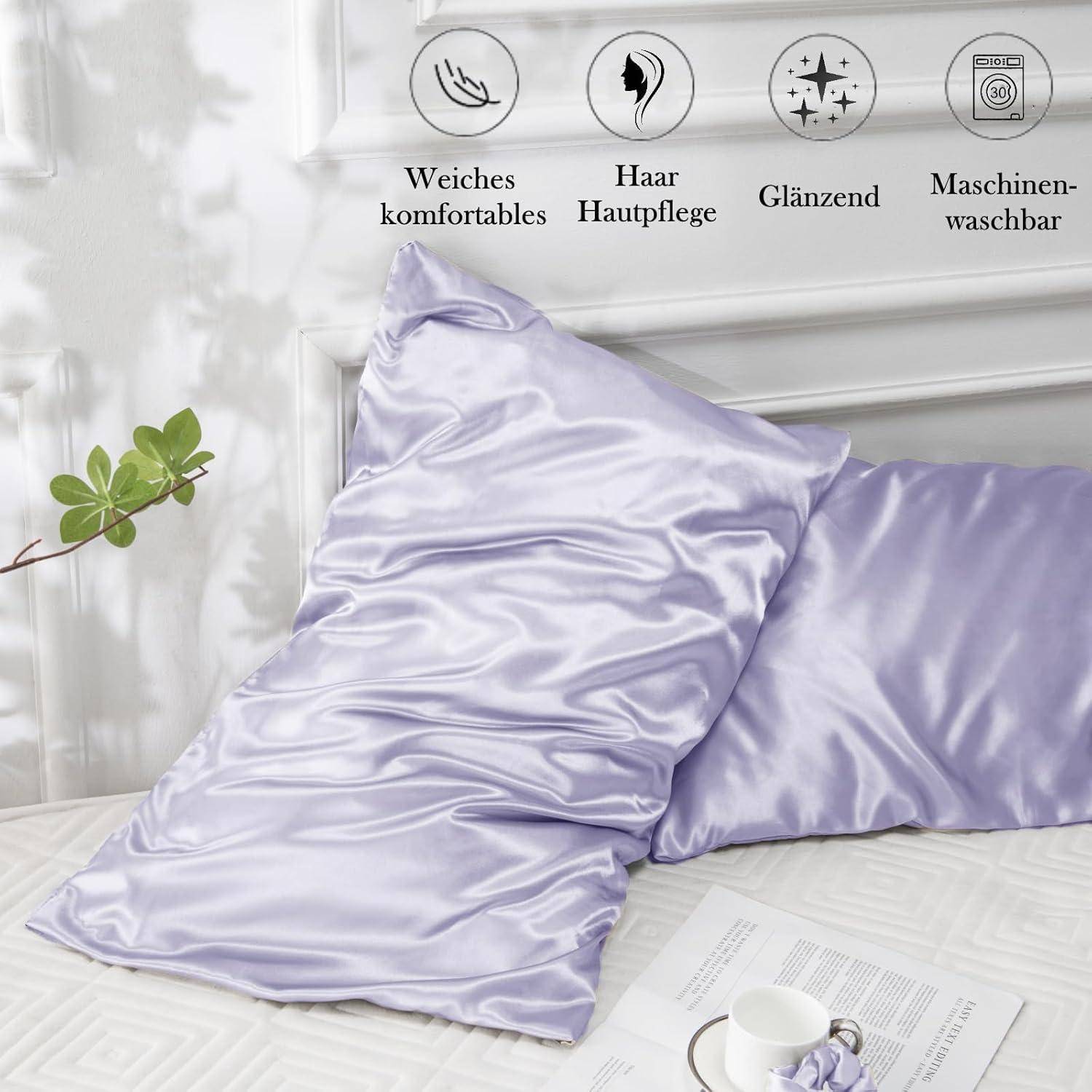 Kissenbezug Satin 2er Set Seide 2 Haargummis Haar Haut Lila 50x80cm