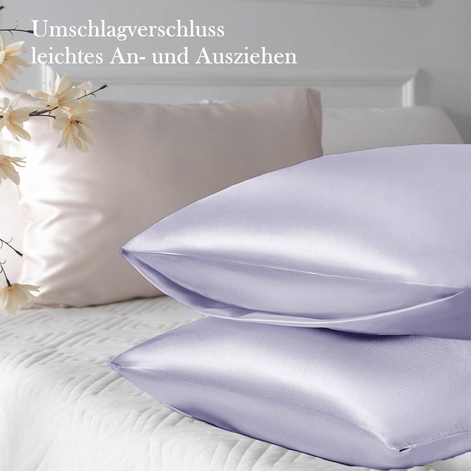 Kissenbezug Satin 2er Set Seide 2 Haargummis Haar Haut Lila 50x80cm