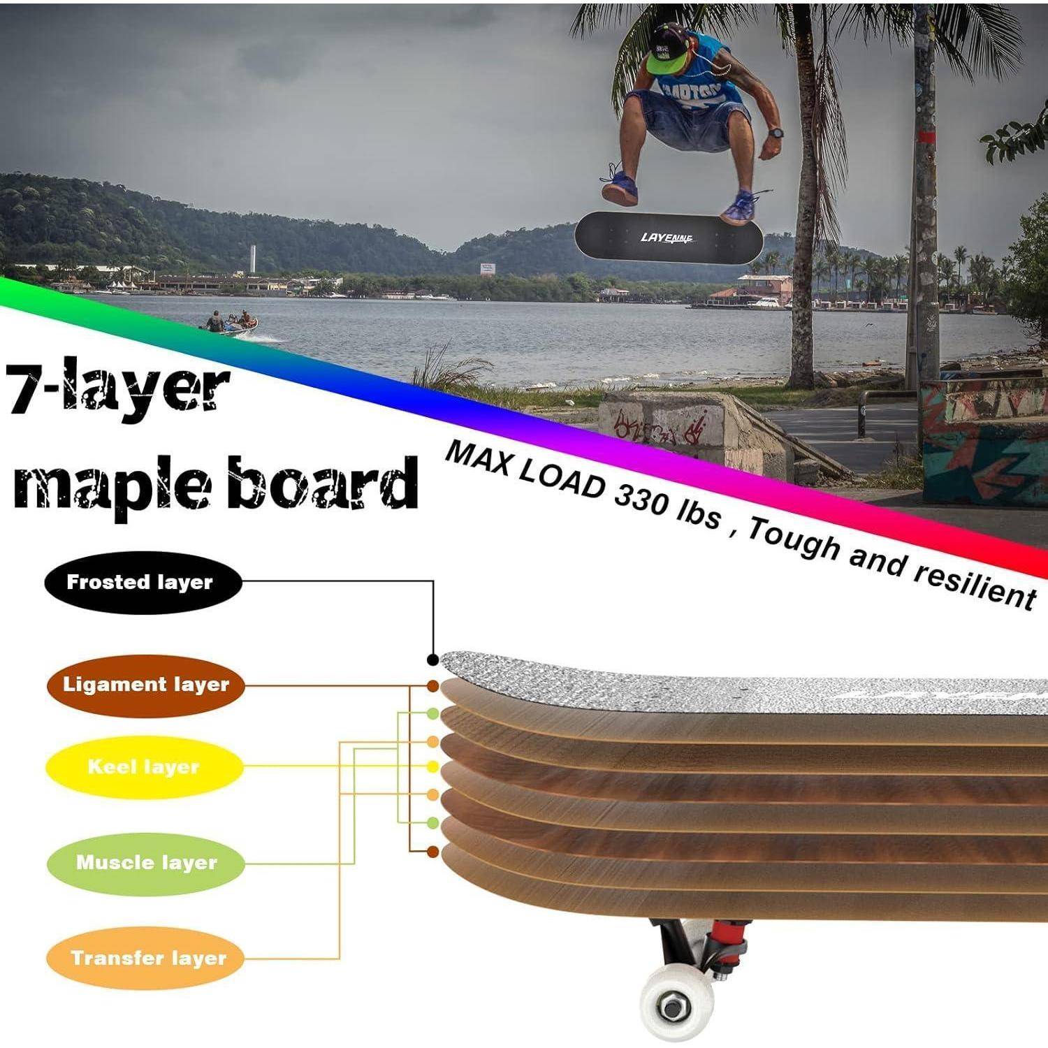 Skateboard 31x8 Zoll Komplett 7 Schichten Ahorn Deck ABEC11 Verde