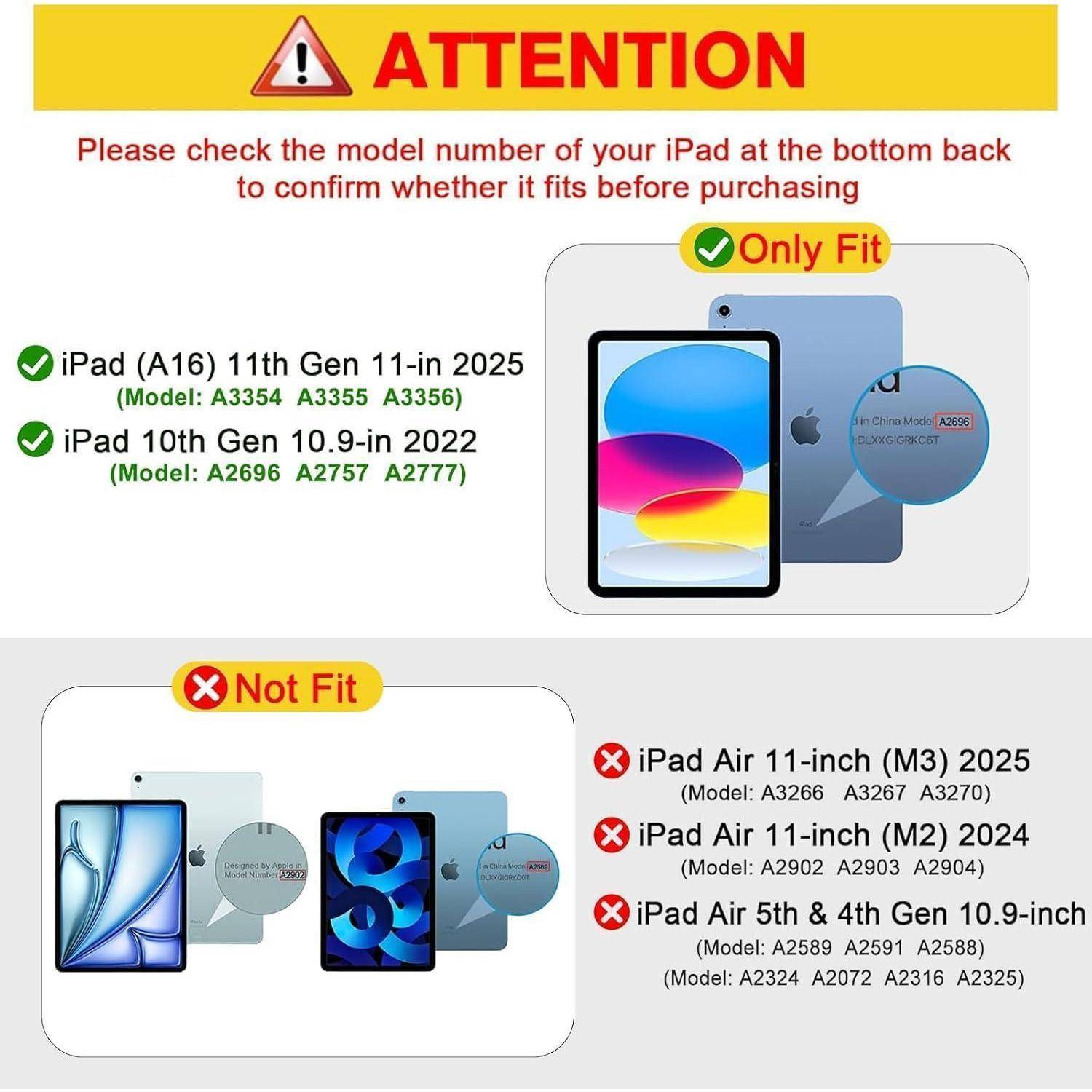 Achtung: Bitte überprüfen Sie die Modellnummer Ihres iPad an der Unterseite der Rückseite, um vor dem Kauf sicherzustellen, dass es passt.' Grünes Häkchen zeigt an, dass iPad 11-Zoll passt; rote Kreuze zeigen Modelle an, die nicht passen.