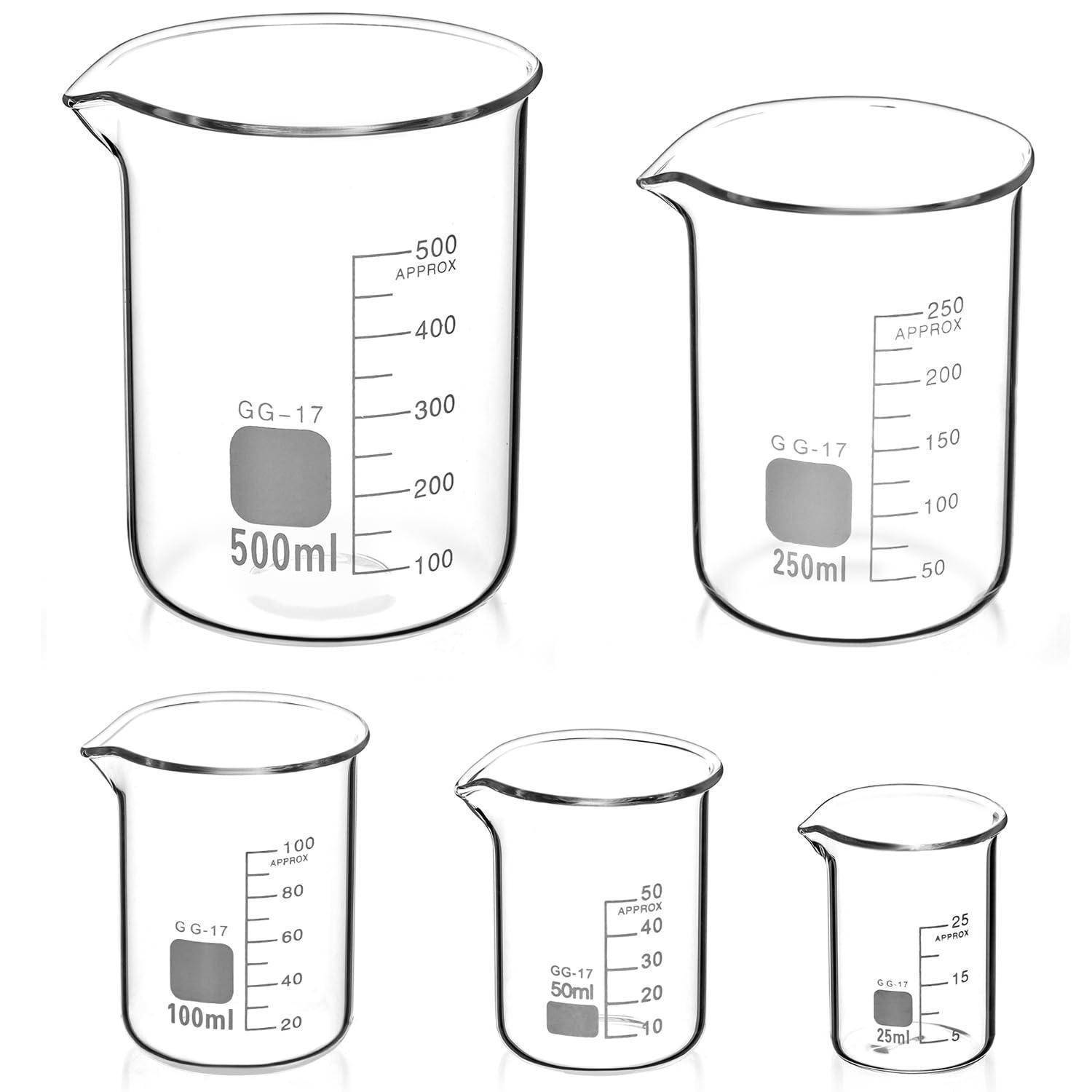 Glas Becherglas 25ml 50ml 100ml 250ml 500ml, 5er Set Abgestufte