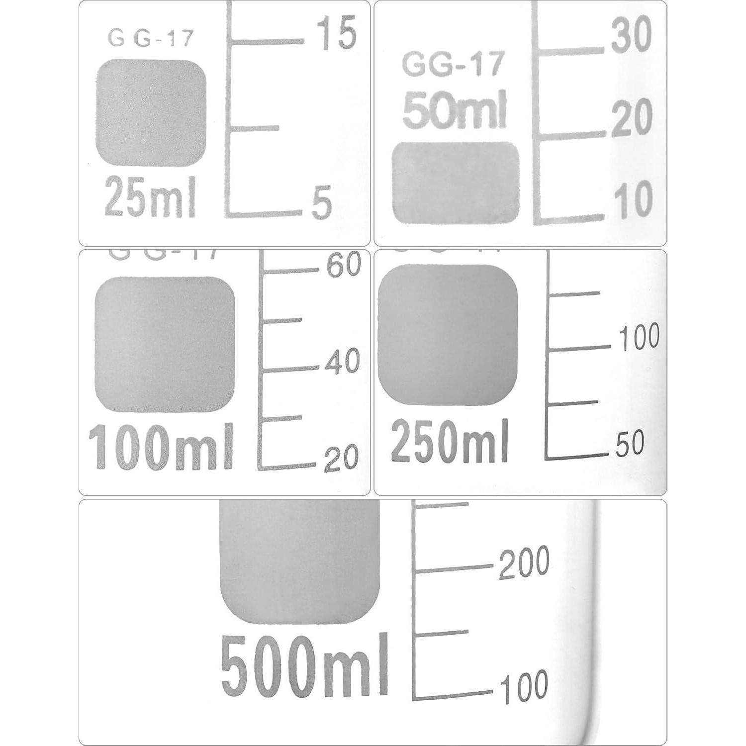 Glas Becherglas 25ml 50ml 100ml 250ml 500ml, 5er Set Abgestufte
