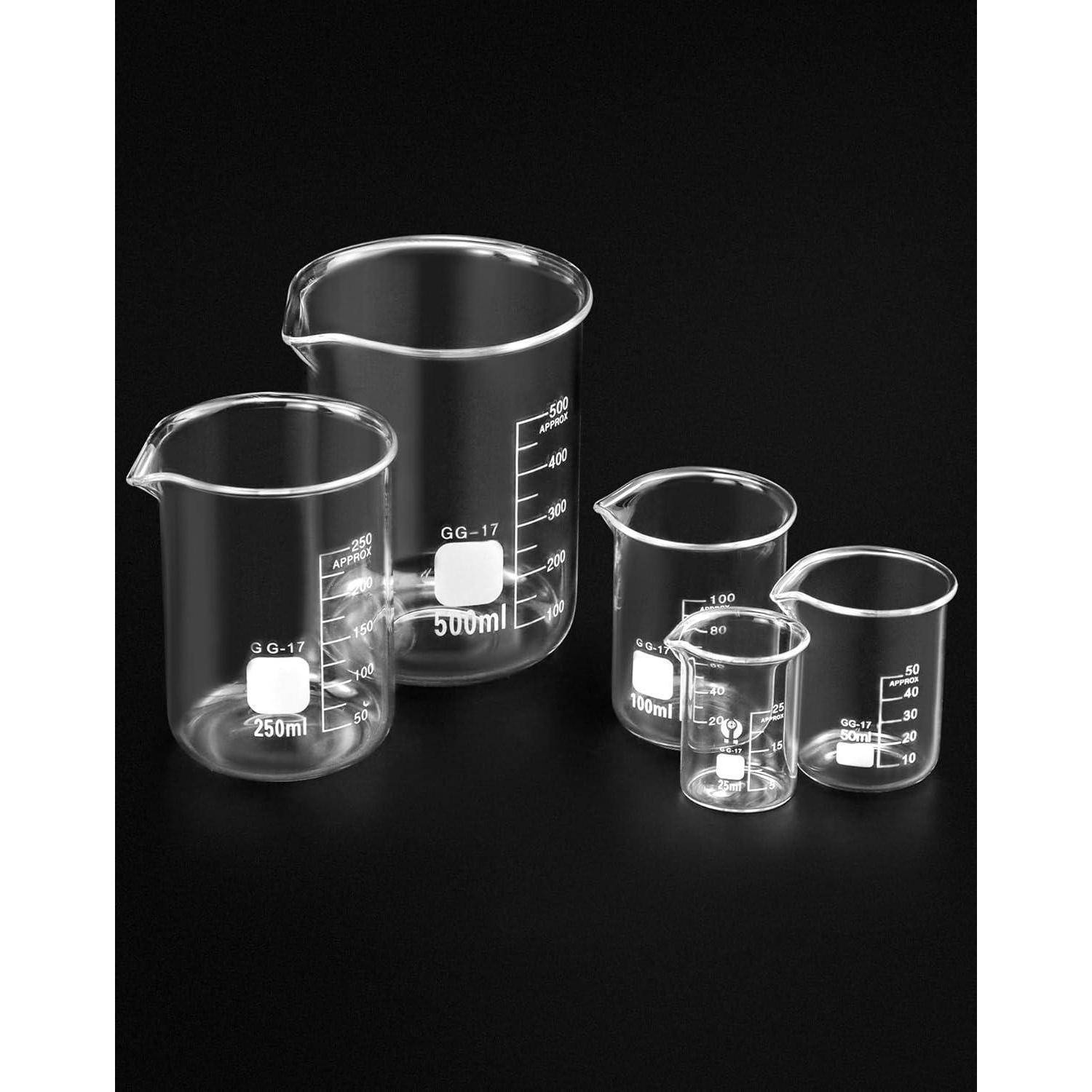 Glas Becherglas 25ml 50ml 100ml 250ml 500ml, 5er Set Abgestufte