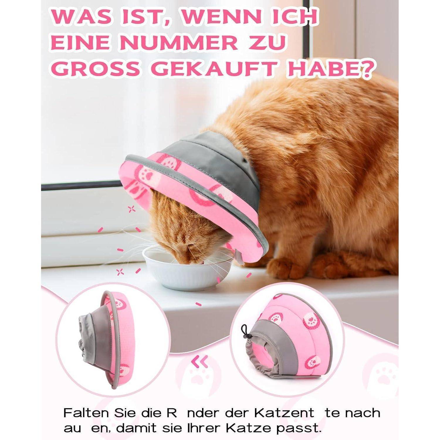 Eine rothaarige Katze trinkt aus einer Schale, während sie einen rosa-grauen Schutzhalskragen trägt. Der deutsche Text empfiehlt, die Größe des Halskragens anzupassen.