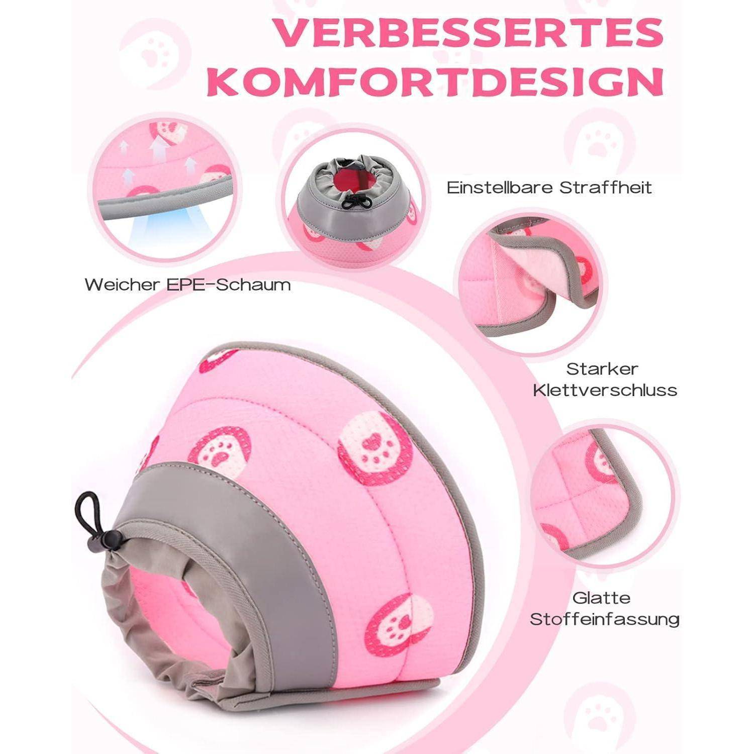 Ein rosafarbenes Haustierhalsband mit verstellbarer Festigkeit, weichem EPE-Schaum, starkem Klettverschluss und glatter Stoffoberfläche. Text lautet 'Verbessertes Komfortdesign'.