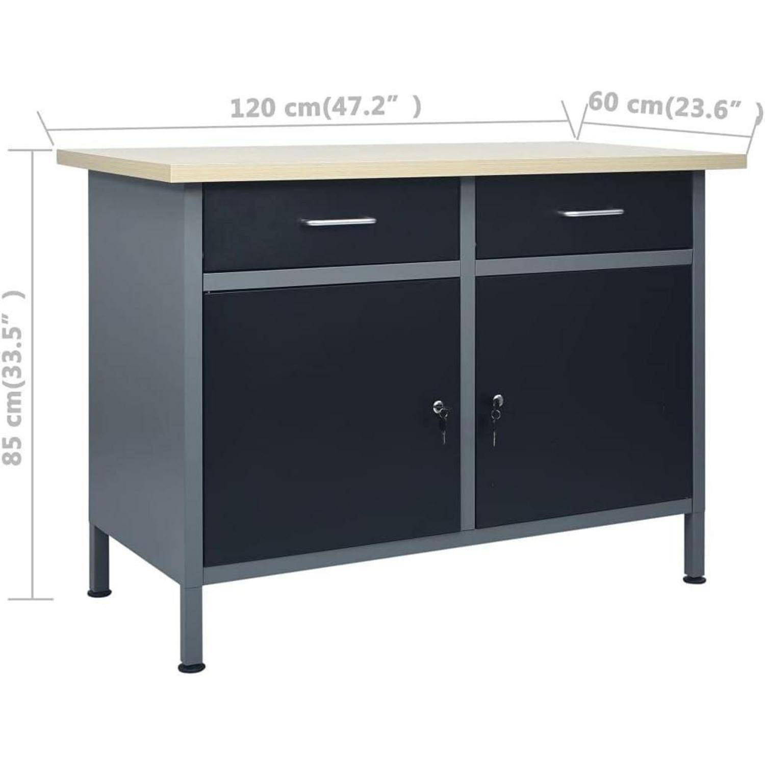 Ein schwarzer Schrank mit zwei Schubladen und zwei Türen, oben mit einer hellen Holzoberfläche. Abmessungen: Breite 120 cm, Tiefe 60 cm, Höhe 85 cm.
