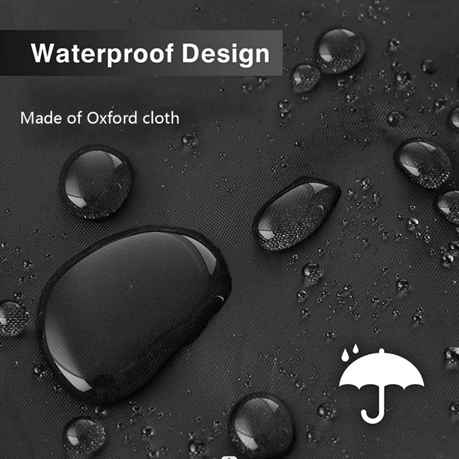 Wasserdichtes schwarzes Oxford-Gewebe mit Wassertropfen auf der Oberfläche. Text liest sich 