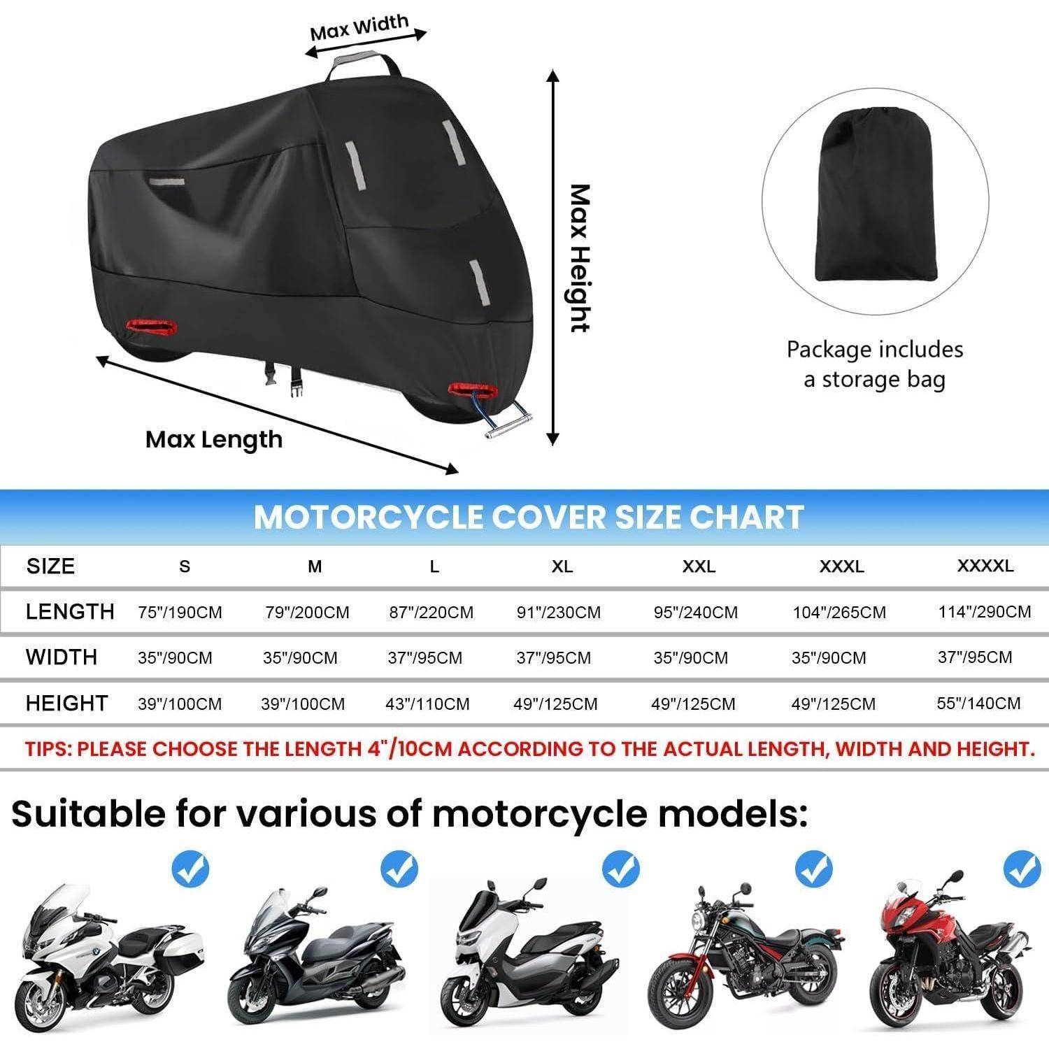 Größentabelle für Motorradabdeckungen mit Abmessungen von Größe S bis XXXXL, mit Bildern kompatibler Motorradtypen.Inklusive Aufbewahrungstasche.