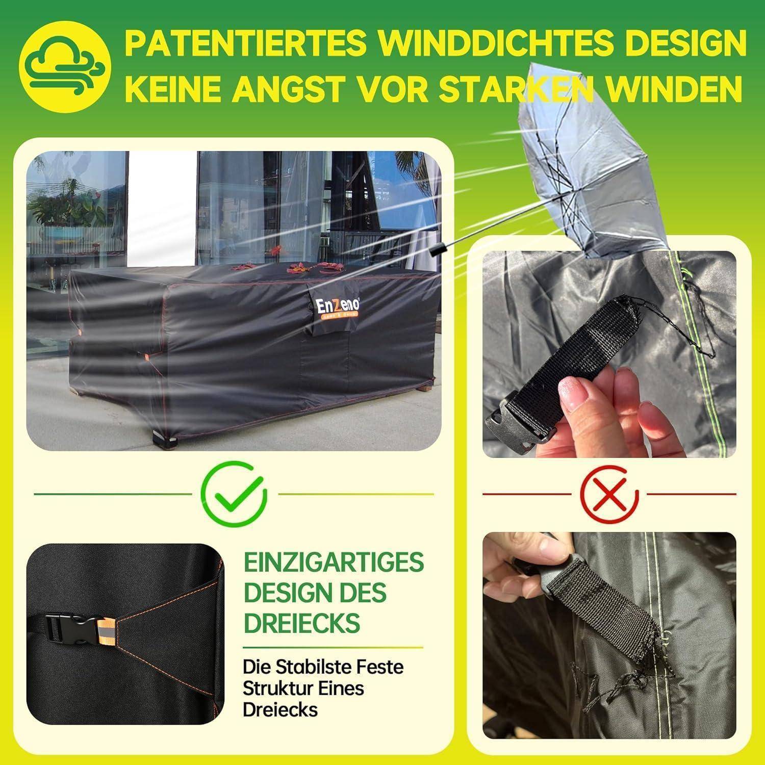 Das Bild zeigt ein windschutzresistentes Design für ein Produkt. Es präsentiert gesicherte Riemen auf einer Abdeckung und betont die Stabilität bei starken Winden. Der Text lautet 