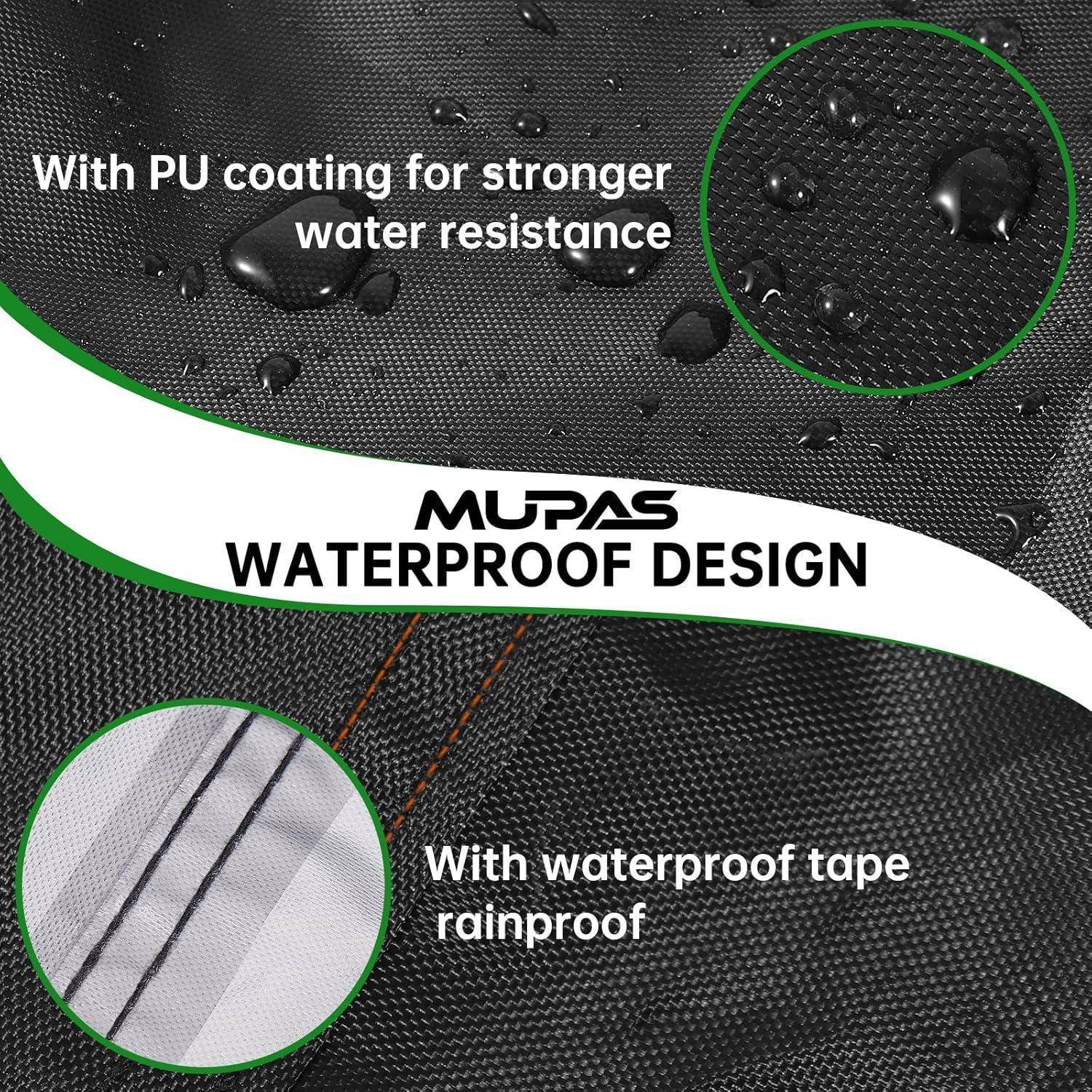 Das Bild hebt das 'Mupas wasserdichte Design' hervor, das eine PU-Beschichtung für Wasserresistenz und wasserdichtes Klebeband zeigt, dargestellt mit Wassertropfen.