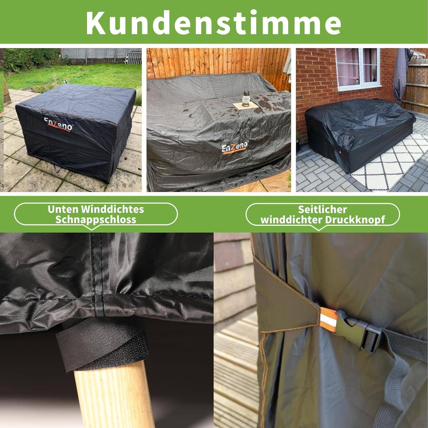 Das Bild zeigt drei Fotos eines Gartenmöbelbezugs, der verschiedene Gegenstände schützt und windbeständige Funktionen mit Riemen und einem seitlichen Knopf hervorhebt.