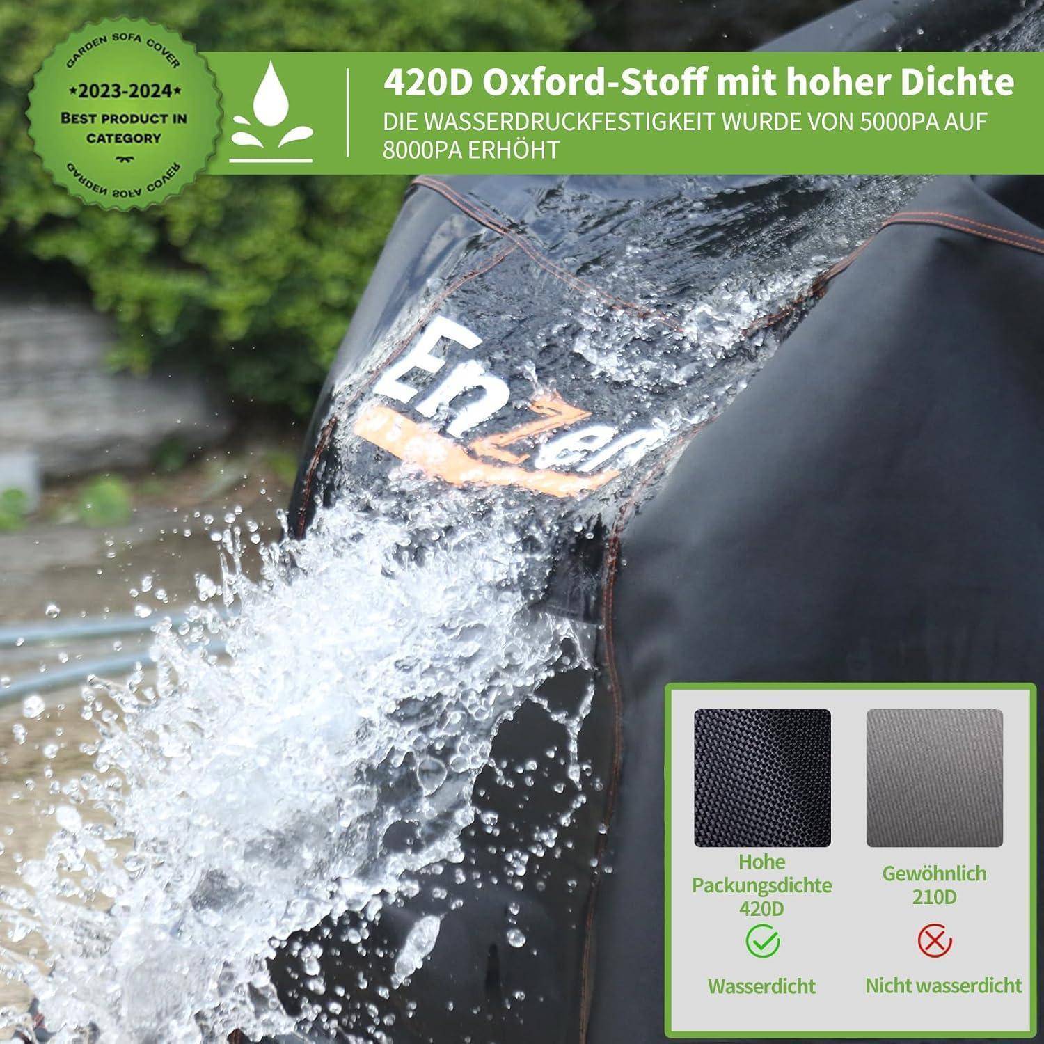 420D Oxford-Stoff mit hoher Dichte' Text und Gewebemuster. Etikett für wasserdichtes Material hebt verbesserte Wasserbeständigkeit von 5000PA auf 8000PA hervor.