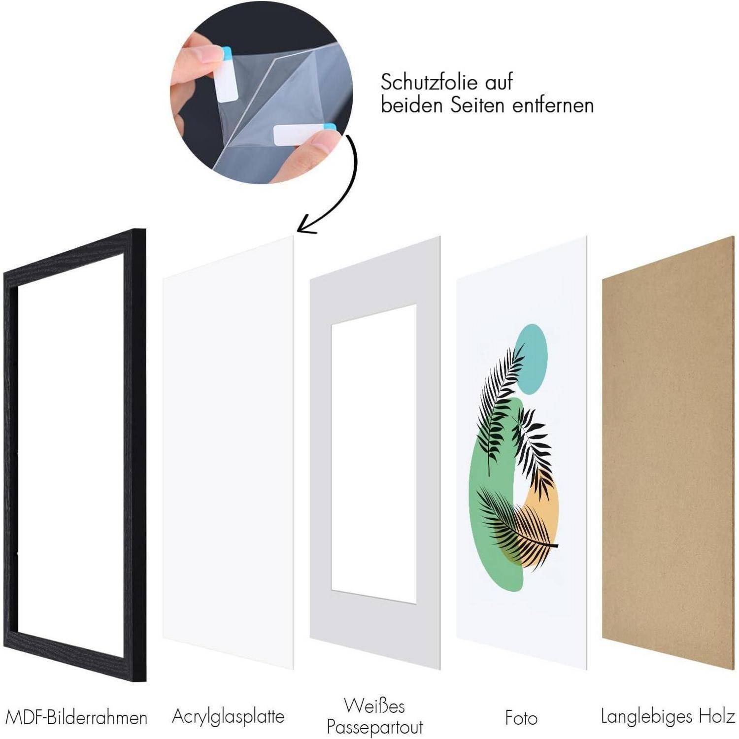 MDF-Bilderrahmen, Acrylglasplatte, Weißes Passepartout, Foto, Langlebiges Holz' Komponenten eines Bilderrahmens mit Schutzfolie.