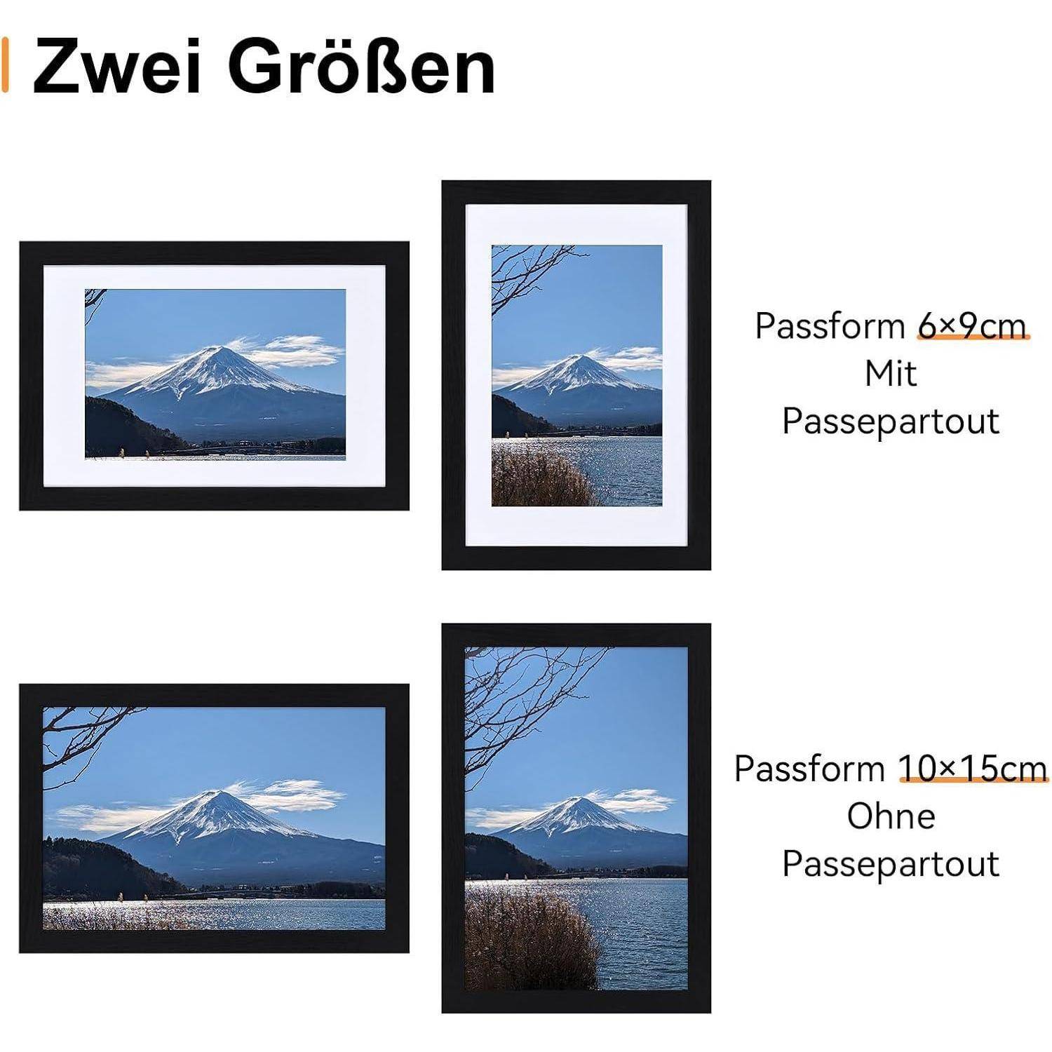 Das Bild zeigt zwei gerahmte Fotos eines verschneiten Berges an einem See. Eines ist mit der Beschriftung „Passform 6x9 cm Mit Passepartout