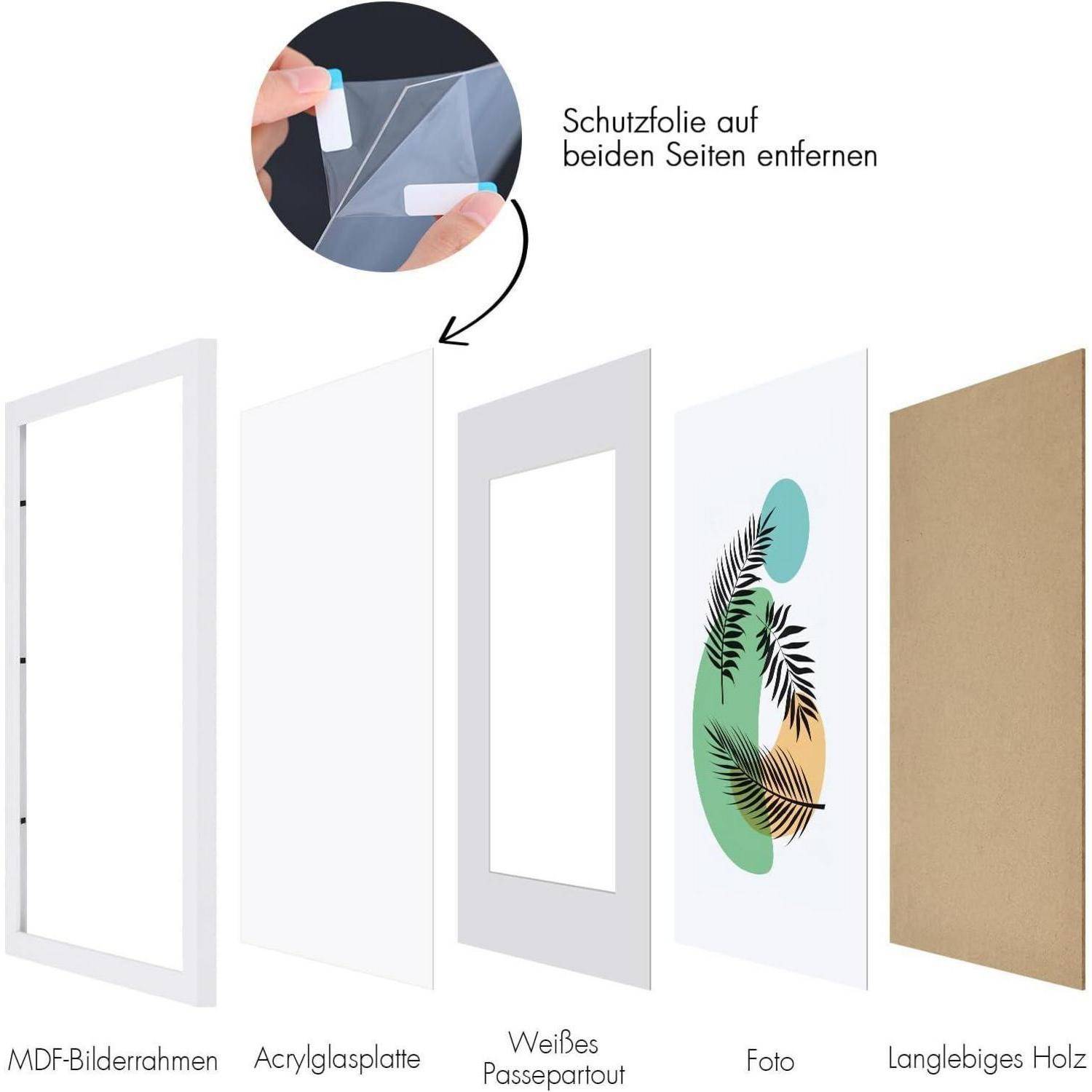 Schutzfolie auf beiden Seiten entfernen' mit einer Hand, die eine Folie von einer Tafel abzieht. Gezeigte Elemente: MDF-Rahmen, Acrylglas, weißes Passepartout, Foto, beständiges Holz.