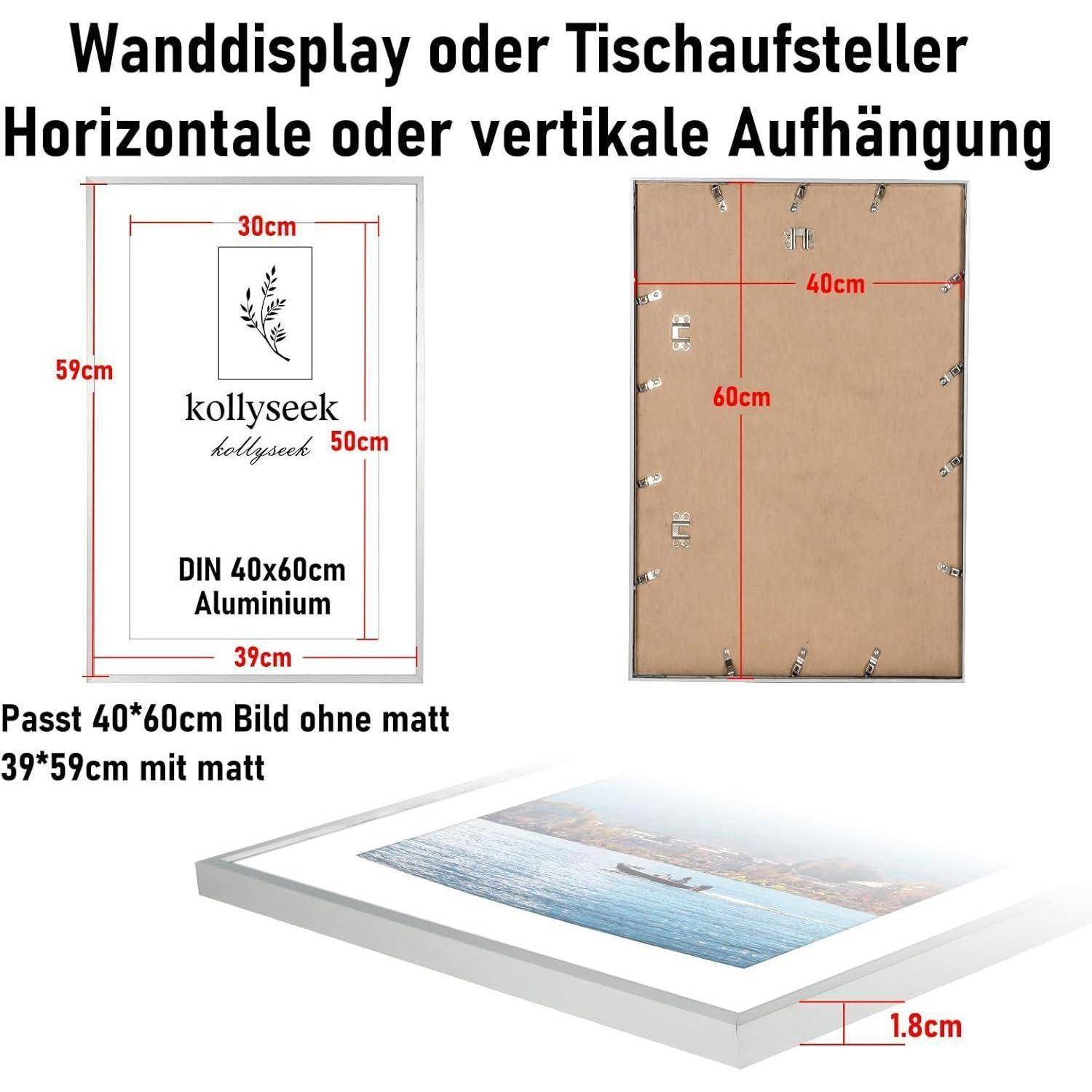 Bilderrahmen Aluminium Silber 40x60 cm Acrylglas Passepartout modern