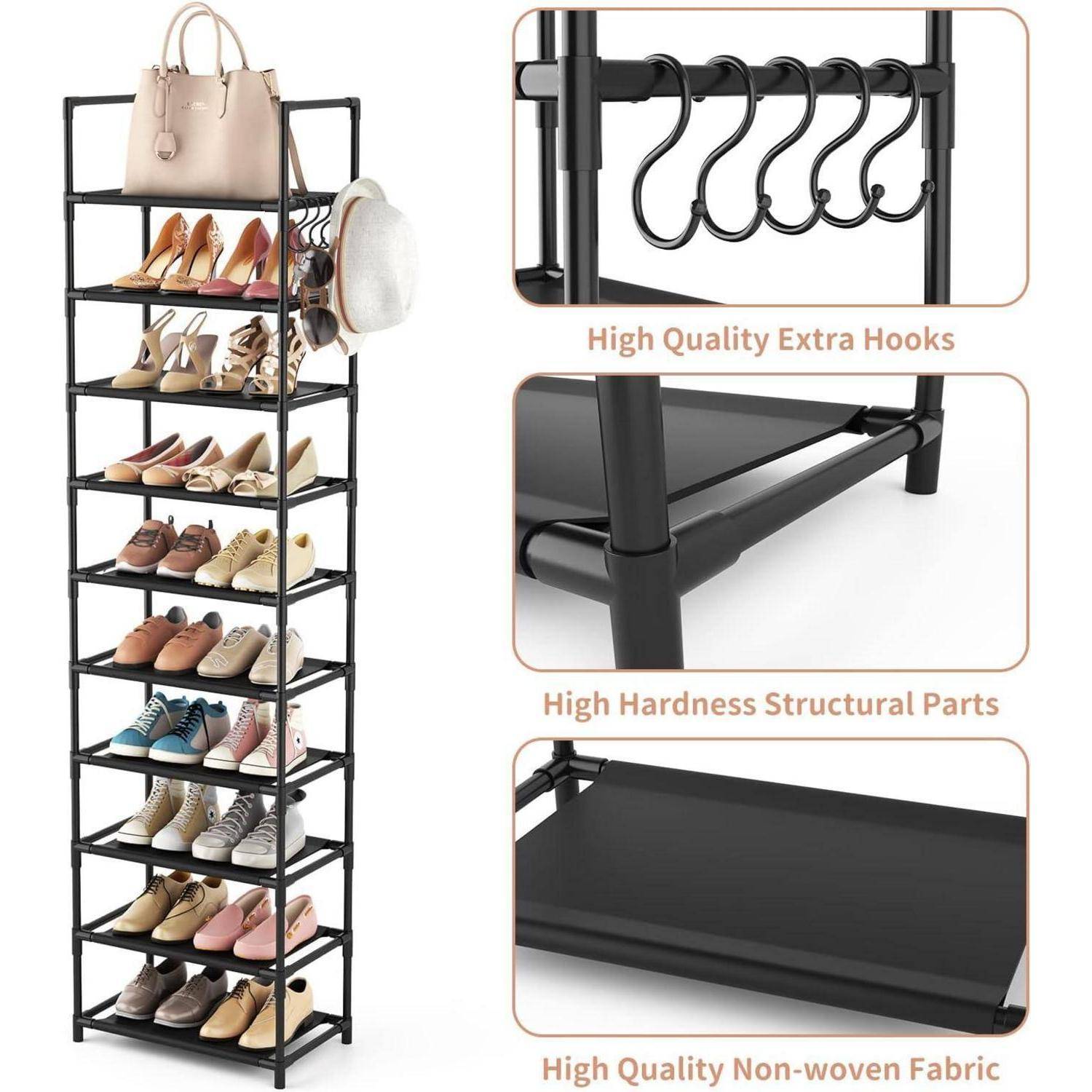 Schuhregal mit 10 Ebenen für 20-25 Paar Schuhe, offener Schuhschrank
