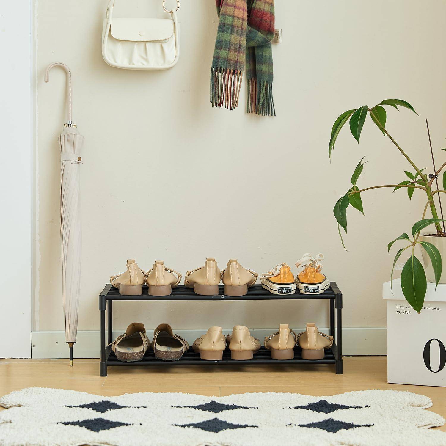 Schuhregal 2 Ebenen Klein 6 Paar Schuhe Schwarz stapelbar platzsparend