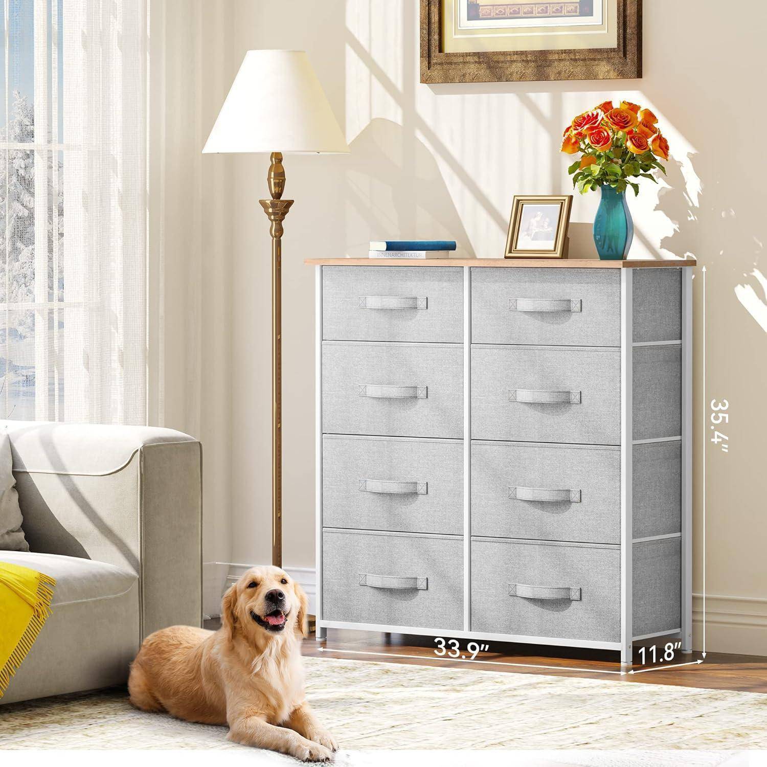 YITAHOME Kommode Schrank 8 Schubladen Stoff Hellgrau Modern