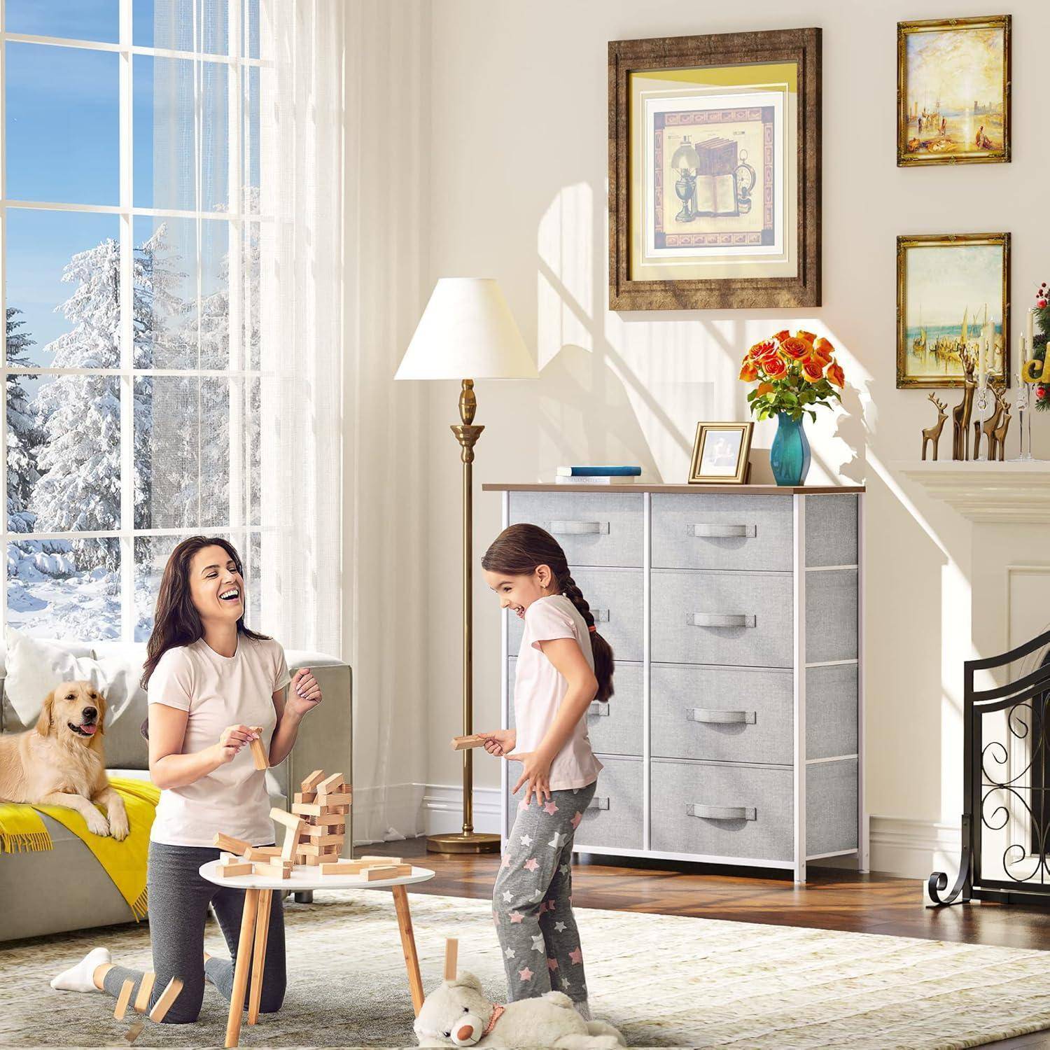 YITAHOME Kommode Schrank 8 Schubladen Stoff Hellgrau Modern