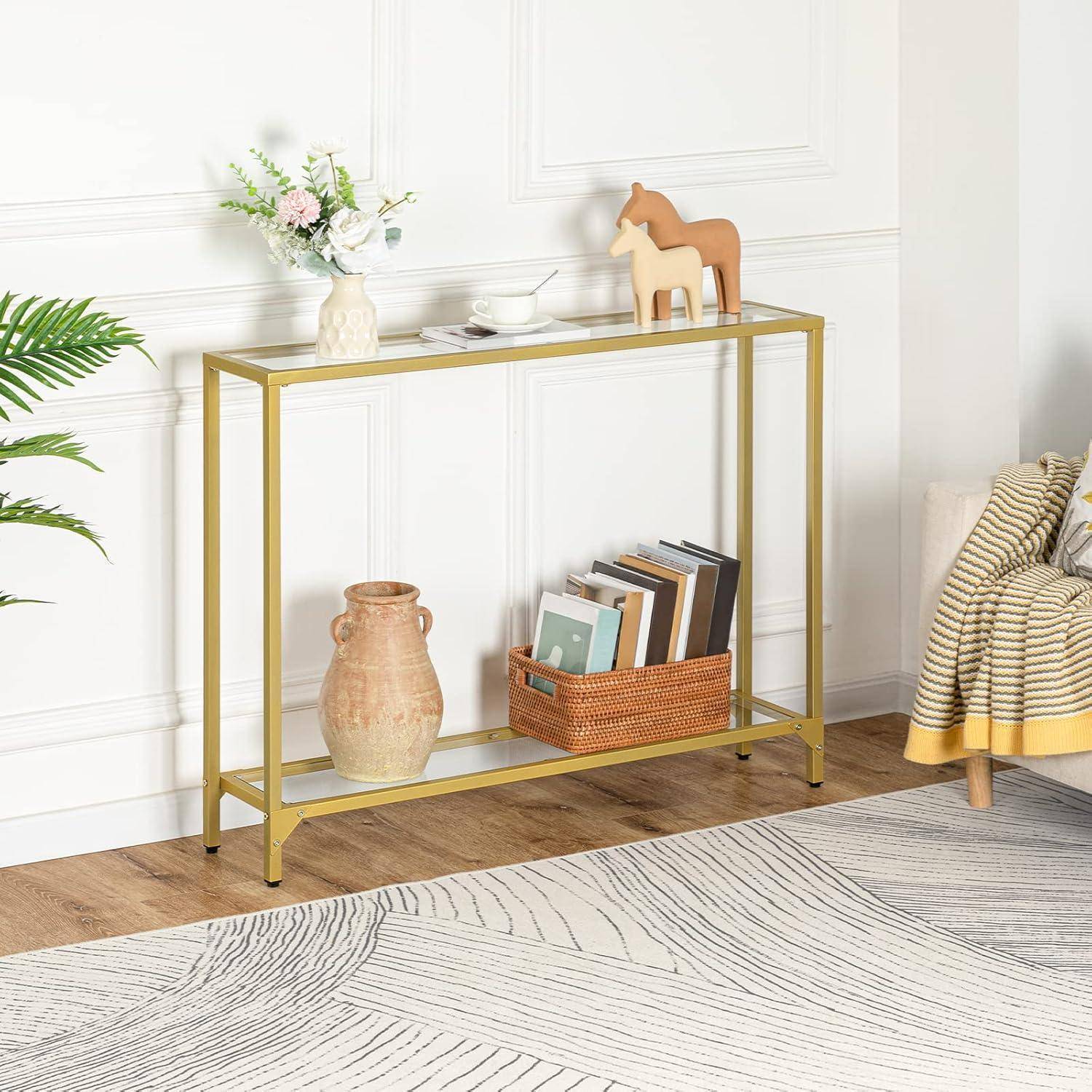 Konsolentisch Hartglas Gold 100 cm Beistelltisch modern Wohnzimmer