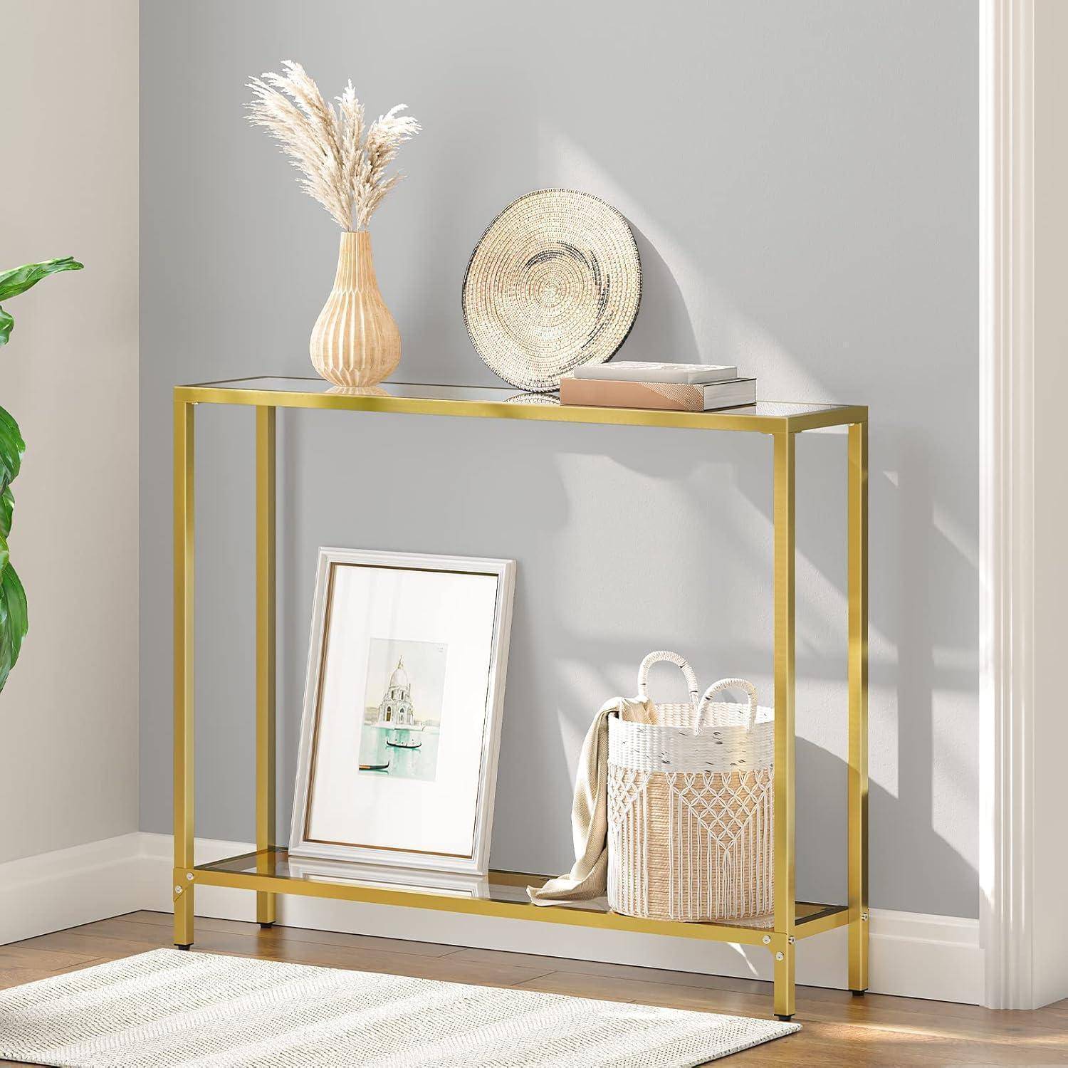 Konsolentisch Hartglas Gold 100 cm Beistelltisch modern Wohnzimmer