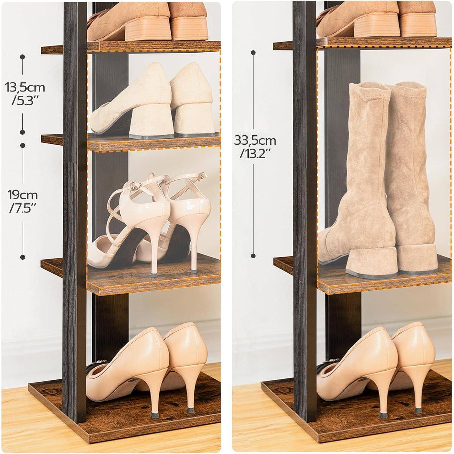 Schuhregal mit drei Ebenen, wobei die Höhe jeder Ebene wie folgt gekennzeichnet ist: 13,5 cm/5,3 Zoll, 19,5 cm/7,7 Zoll und 33,5 cm/13,2 Zoll. Geeignet für verschiedene Schuhe.