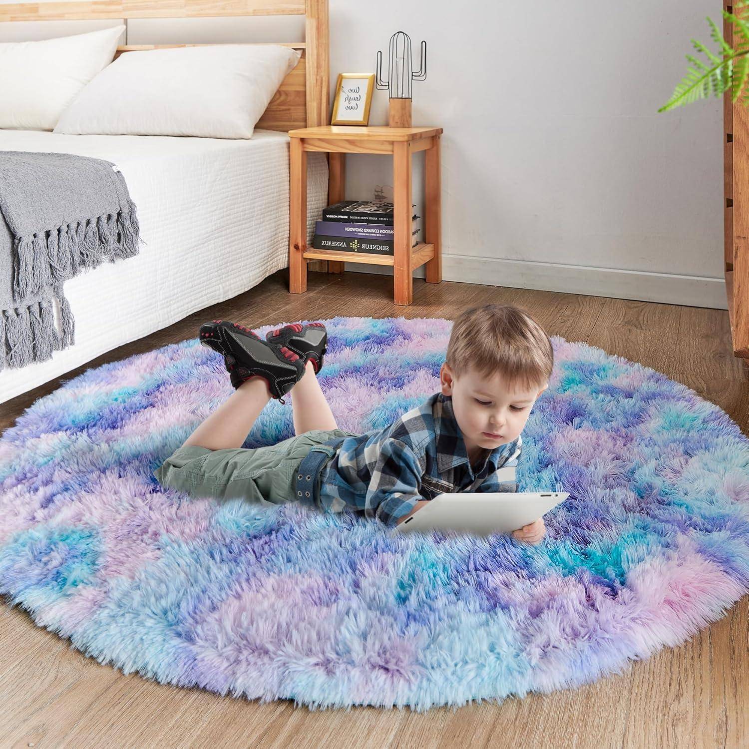 Runder Plüsch Teppich 150 cm Blau-violett für Wohnzimmer